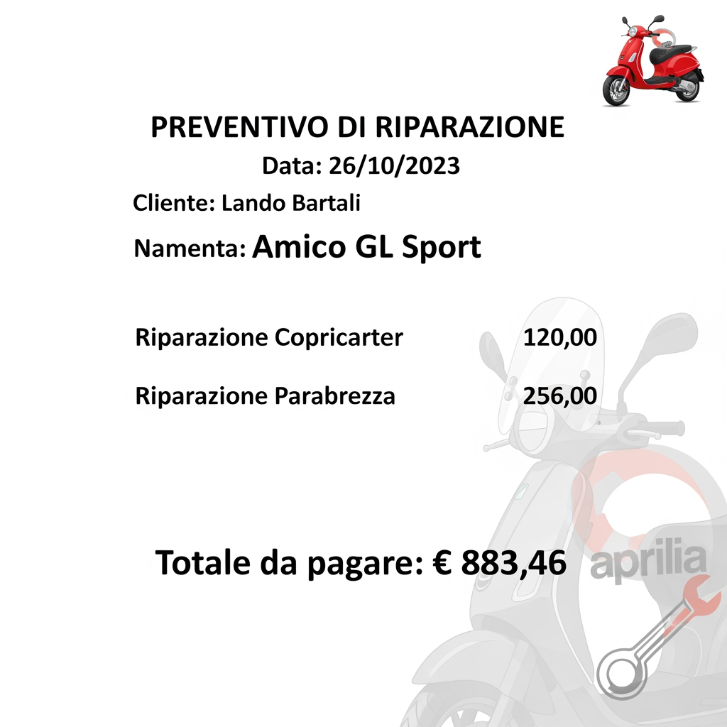 AI Design for crea un preventivo, il totale del costo da pagare e 883,46 euro per la riparazione di uno scooter aprila amico gl sport la riparazione consiste in una riaparazione del copri carter e del parberezza il cliente si chiama lando bartali