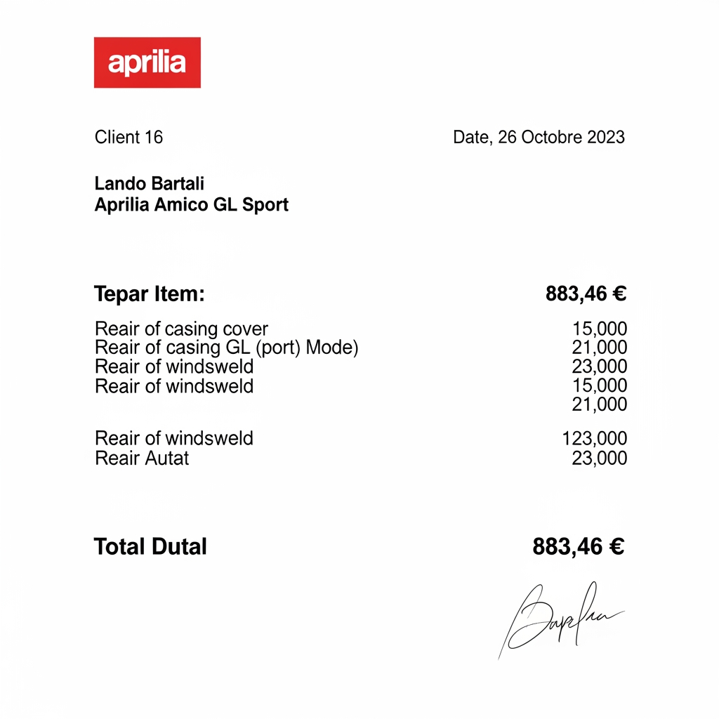 AI Design for crea un preventivo, il totale del costo da pagare e 883,46 euro per la riparazione di uno scooter aprila amico gl sport la riparazione consiste in una riaparazione del copri carter e del parberezza il cliente si chiama lando bartali