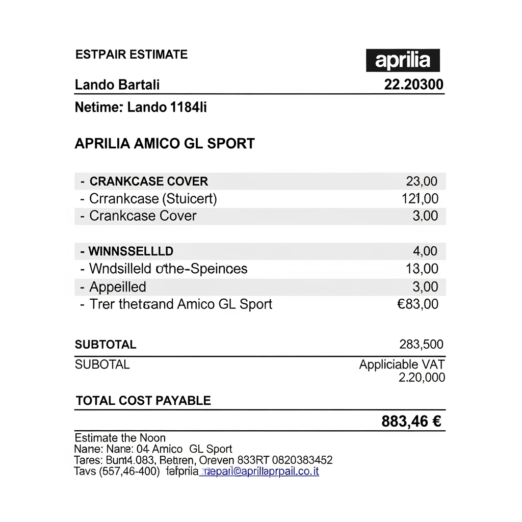 AI Design for crea un preventivo, il totale del costo da pagare e 883,46 euro per la riparazione di uno scooter aprila amico gl sport la riparazione consiste in una riaparazione del copri carter e del parberezza il cliente si chiama lando bartali