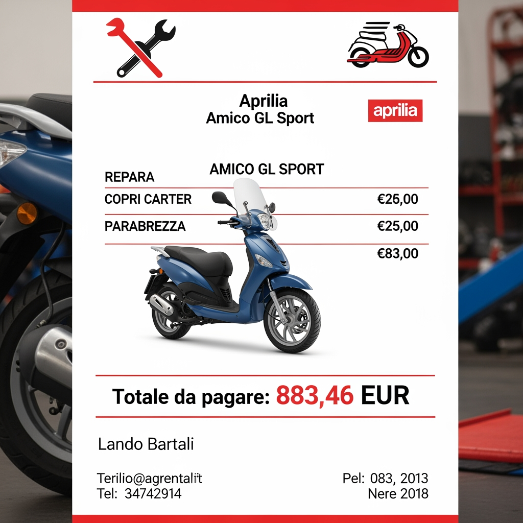 AI Design for crea un preventivo, il totale del costo da pagare e 883,46 euro per la riparazione di uno scooter aprila amico gl sport la riparazione consiste in una riaparazione del copri carter e del parberezza il cliente si chiama lando bartali