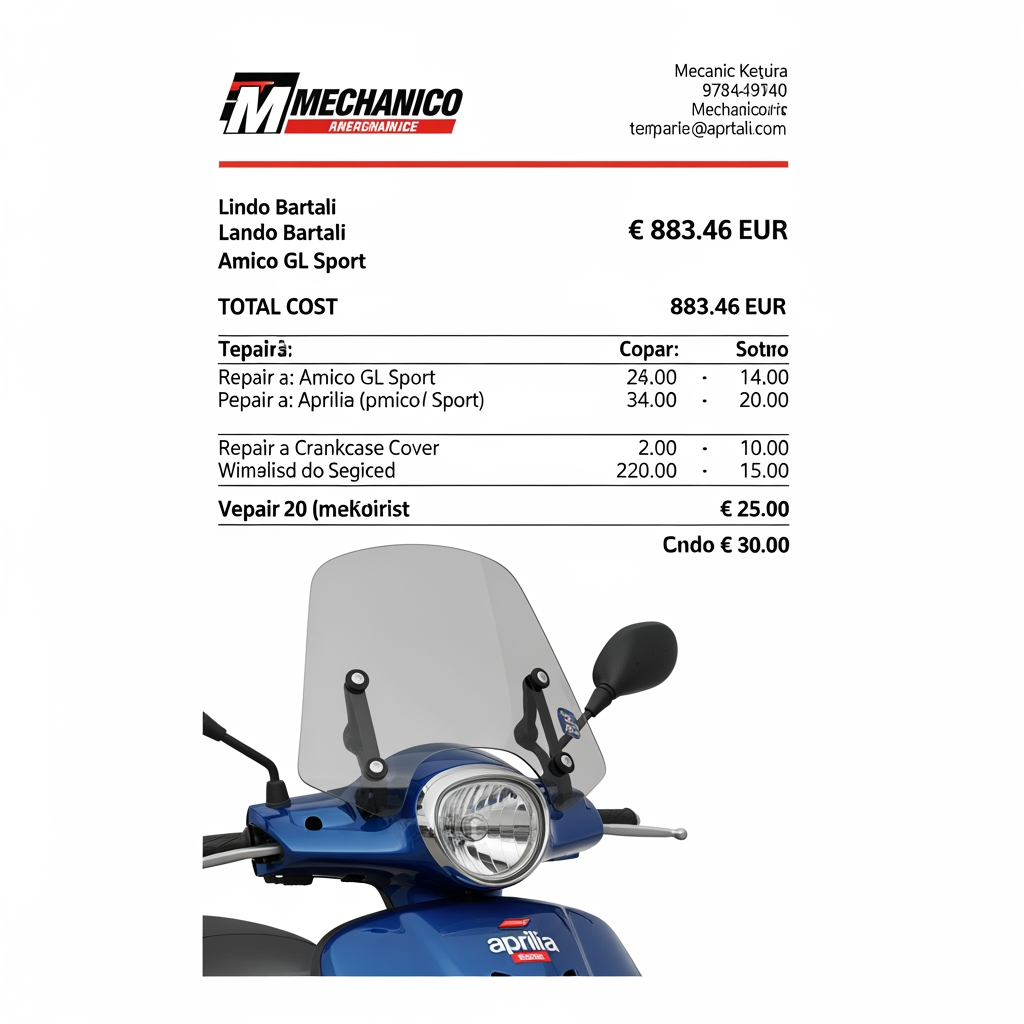 AI Design for crea un preventivo, il totale del costo da pagare e 883,46 euro per la riparazione di uno scooter aprila amico gl sport la riparazione consiste in una riaparazione del copri carter e del parberezza il cliente si chiama lando bartali