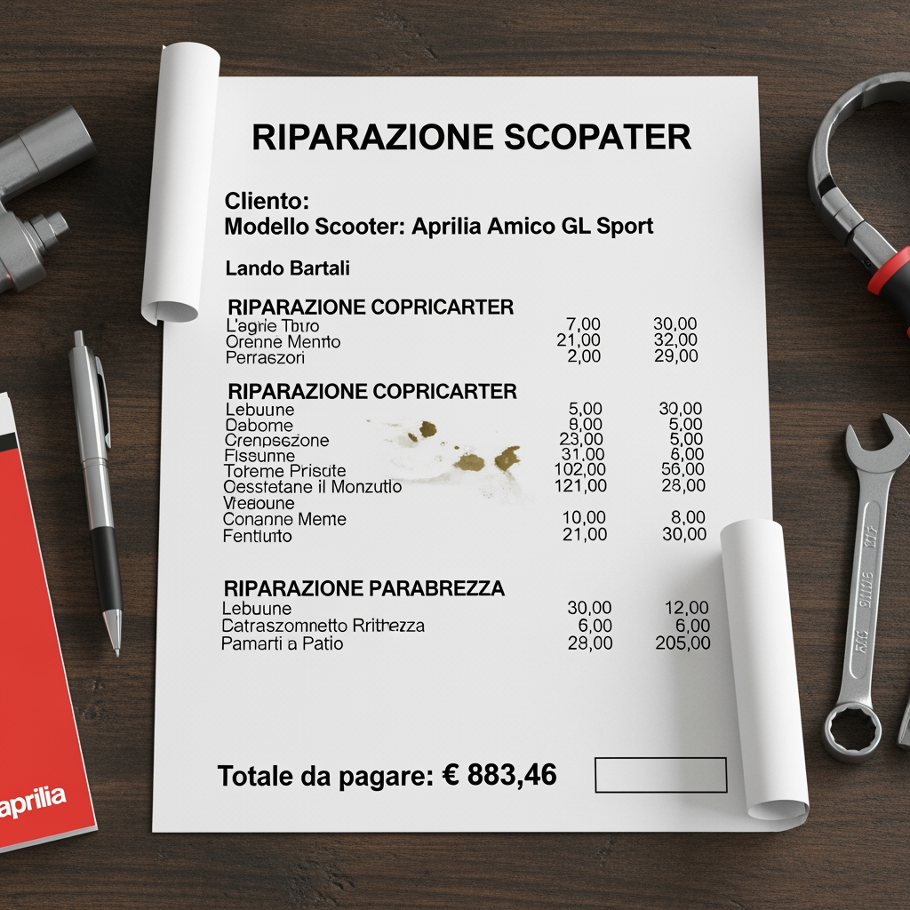 AI Design for crea un preventivo, il totale del costo da pagare e 883,46 euro per la riparazione di uno scooter aprila amico gl sport la riparazione consiste in una riaparazione del copri carter e del parberezza il cliente si chiama lando bartali