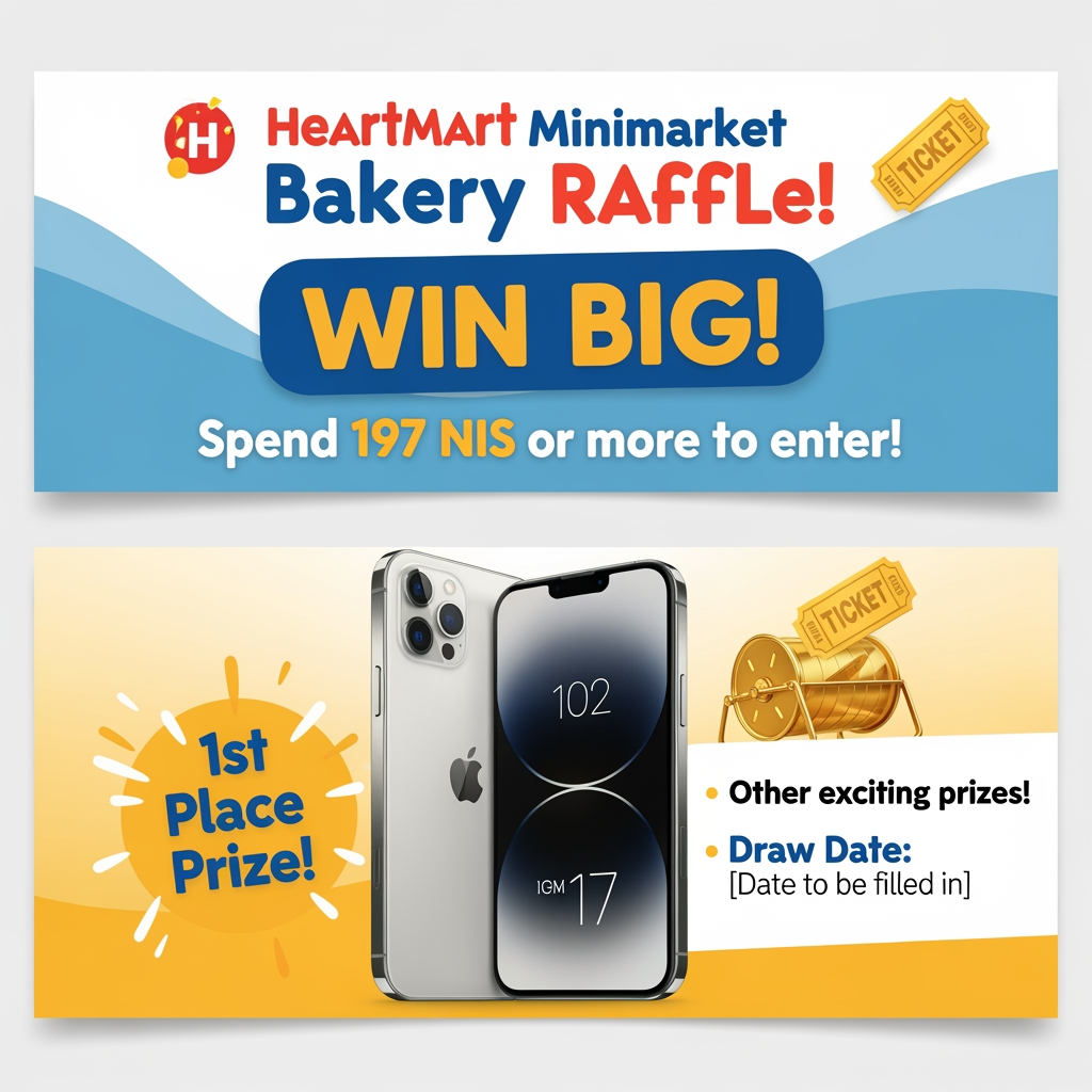 AI Design for A3 banner. Minimarket bakery start a raffle. Whoever buys above 197 NIS participates, and first place wins iphone 17.
Make a banner that advertises the raffle.
Store name: Heartmart
Iphone in the middle
Fill the rest as common.