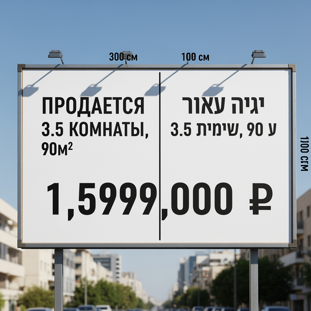 AI Design for Let's make a sign, it should be 300 cm wide and 100 cm long. The sign is in Hebrew and Russian. Russian is on the left side, Hebrew is on the right. Russian: Продается 3.5 комнаты, 90м2 Hebrew: למכירה 3.5 חדרים, 90 מר Then mutual info: 1,599,000 ₪