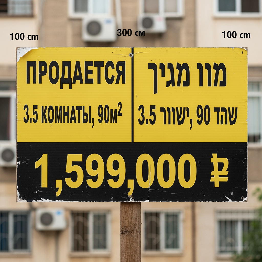 AI Design for Let's make a sign, it should be 300 cm wide and 100 cm long. The sign is in Hebrew and Russian. Russian is on the left side, Hebrew is on the right. Russian: Продается 3.5 комнаты, 90м2 Hebrew: למכירה 3.5 חדרים, 90 מר Then mutual info: 1,599,000 ₪