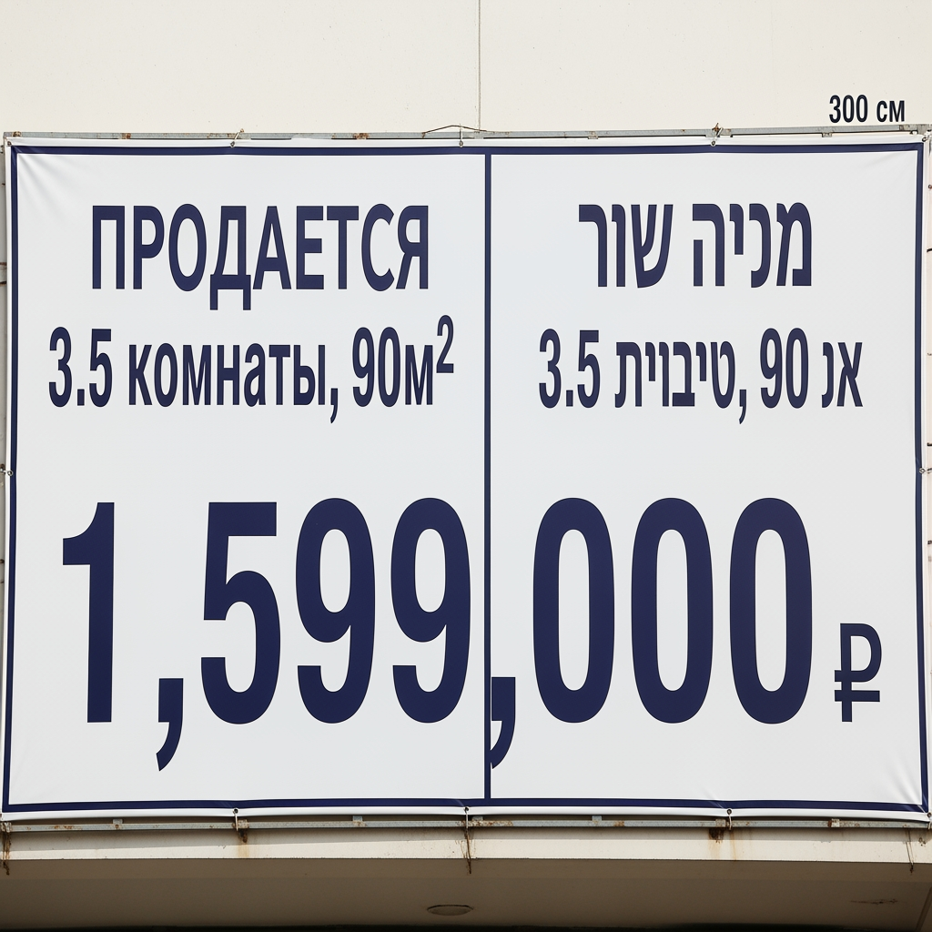AI Design for Let's make a sign, it should be 300 cm wide and 100 cm long. The sign is in Hebrew and Russian. Russian is on the left side, Hebrew is on the right. Russian: Продается 3.5 комнаты, 90м2 Hebrew: למכירה 3.5 חדרים, 90 מר Then mutual info: 1,599,000 ₪