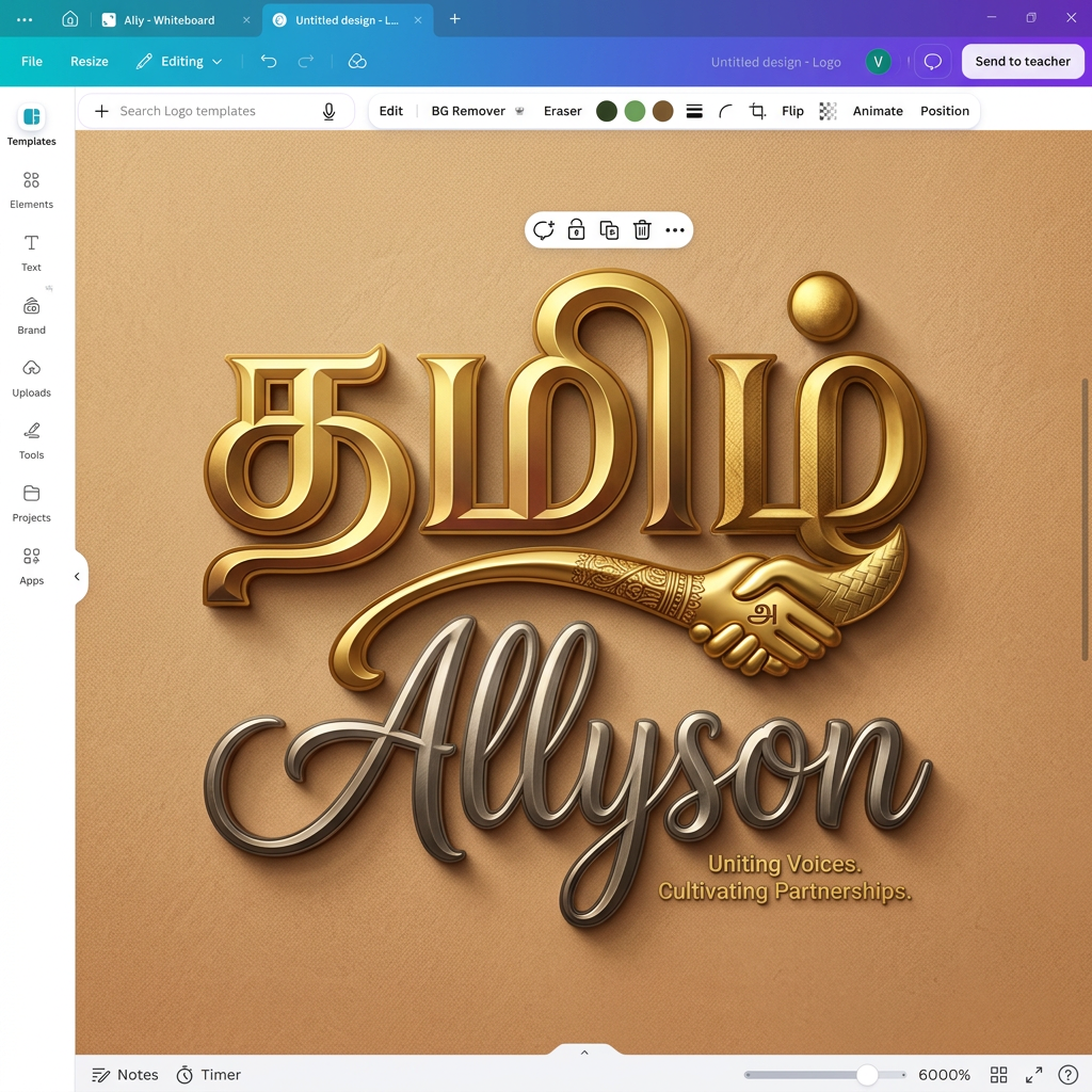 AI Design for this is my logo design ithula nii konjam unique ness add panna pora avolothan
inga letter 'ழ்' maatum nan canva la vechi iruka mathiri venum like with hand shake aprm rendu word um and letter 'ழ்' la connect aganum with that hand shake idea
and background color sandal so athuku yetha mathiri letters oda color vechiko antha letter 'ழ்' maatum golden color la vechiko
and remaing ellam nan desing panni iruka mathiri vechiko aprm ithula nii unique aa yethachi add pannalum sandhosam