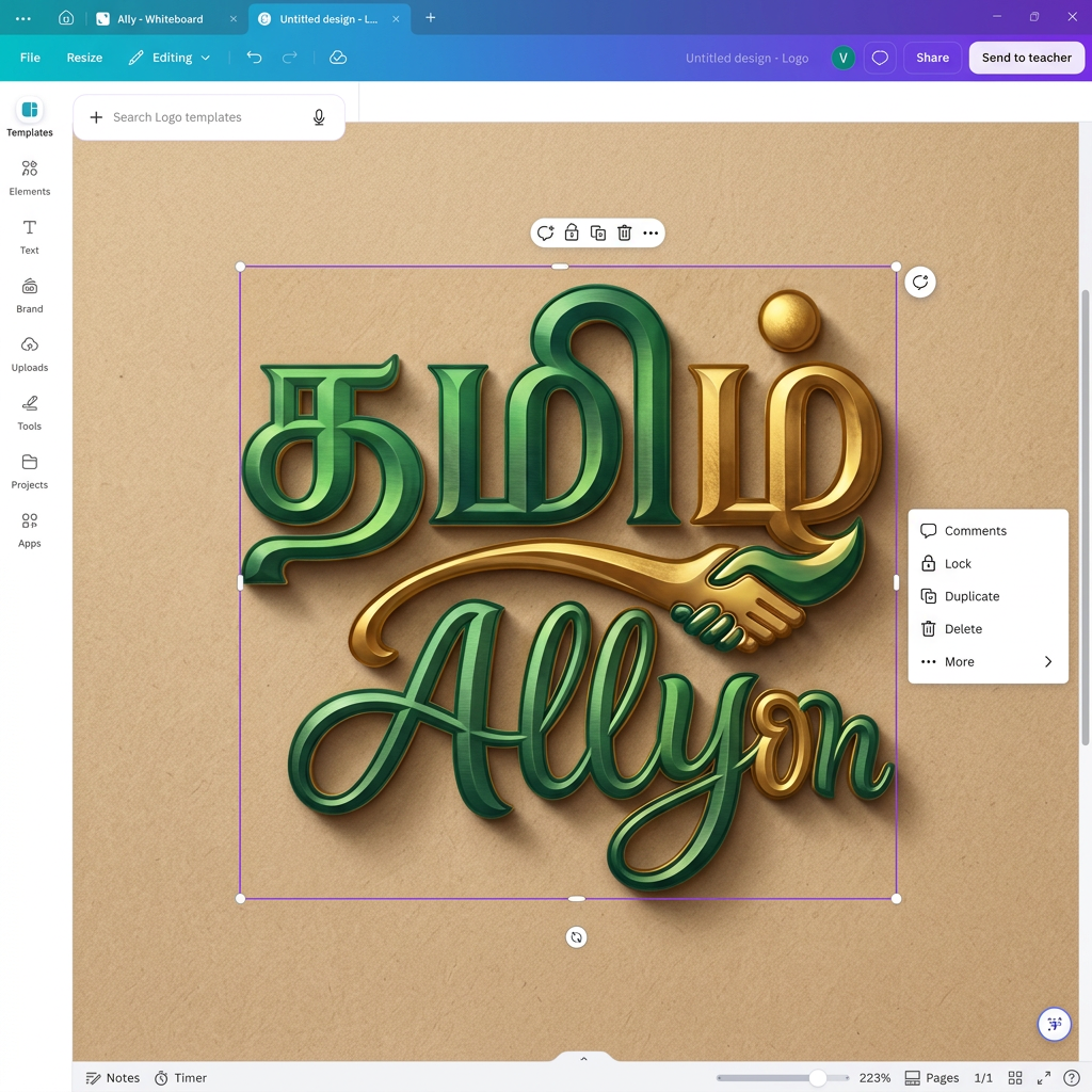 AI Design for this is my logo design ithula nii konjam unique ness add panna pora avolothan
inga letter 'ழ்' maatum nan canva la vechi iruka mathiri venum like with hand shake aprm rendu word um and letter 'ழ்' la connect aganum with that hand shake idea
and background color sandal so athuku yetha mathiri letters oda color vechiko antha letter 'ழ்' maatum golden color la vechiko
and remaing ellam nan desing panni iruka mathiri vechiko aprm ithula nii unique aa yethachi add pannalum sandhosam