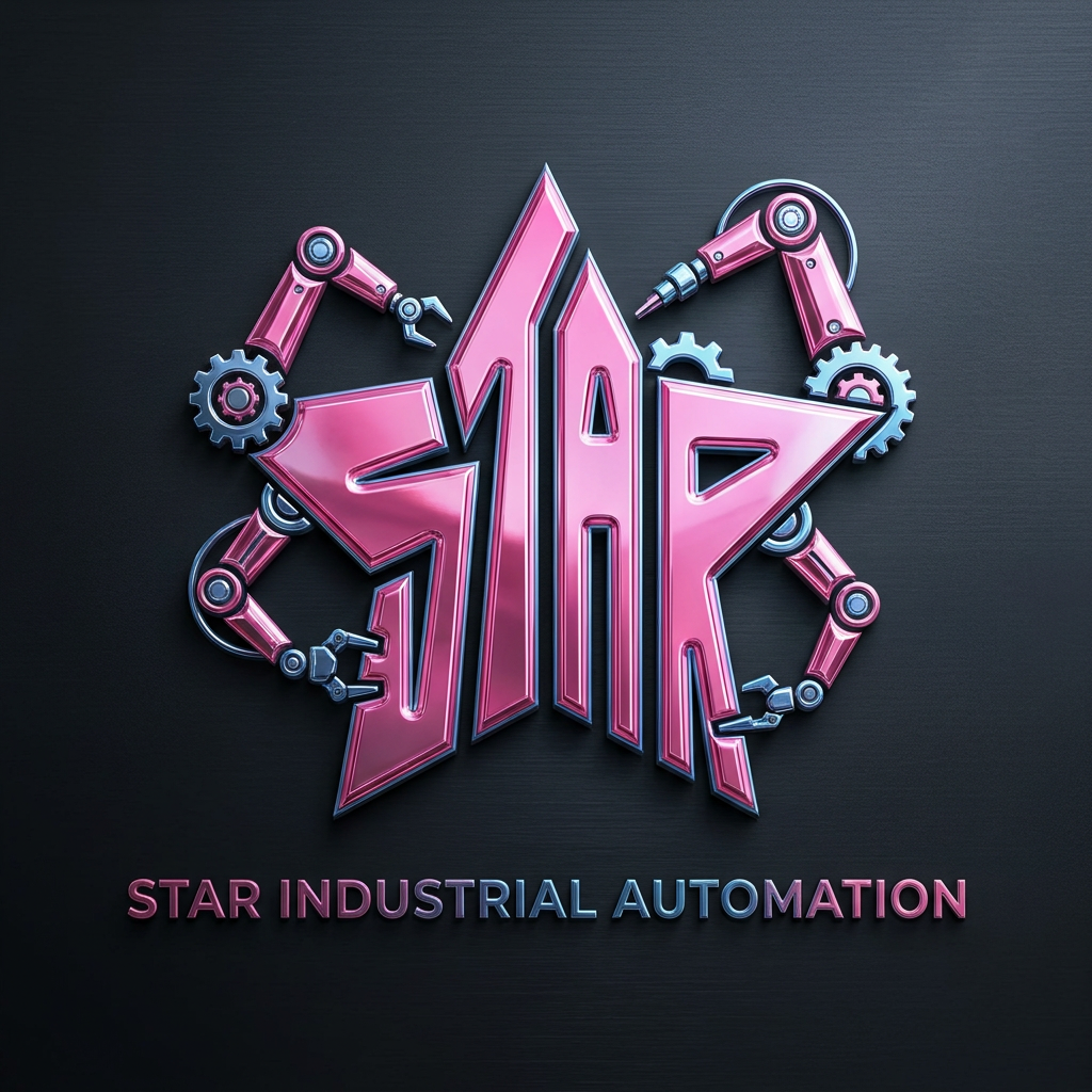 AI Design for A sophisticated, professional logo design for Star Industrial Automation featuring the structural elements of {{asset:first_image_design}} integrated with stylized mechanical robotic manipulators. The color palette and typography are derived from {{asset:second_font_and_colour}}, utilizing a sleek, modern font where the company name is subtly embossed or integrated into the symbolic geometry rather than overtly displayed. The overall aesthetic is minimalist, industrial-chic, and premium, with sharp metallic textures and clean, precise lines.