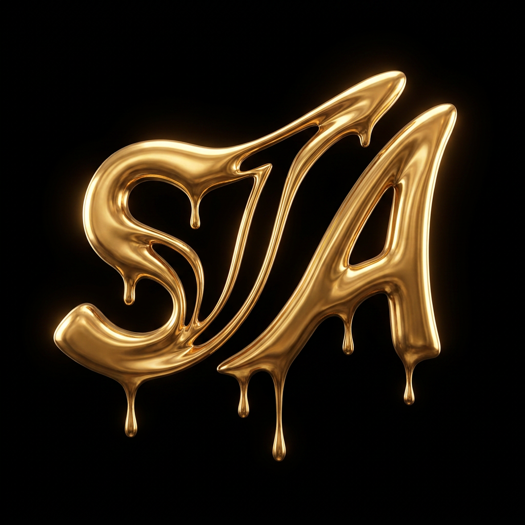 AI Design for A high-end studio photography composition of an abstract sculptural form with a fluid, melting gold metallic finish that glows with a liquid luster. The sculpture's sweeping, organic curves artfully integrate the negative space of the letters S, T, and A, set against a deep, pitch-black background. Soft, cinematic rim lighting highlights the high-gloss texture and sophisticated silhouette, creating a luxurious and minimalist aesthetic with sharp, crisp edges.
