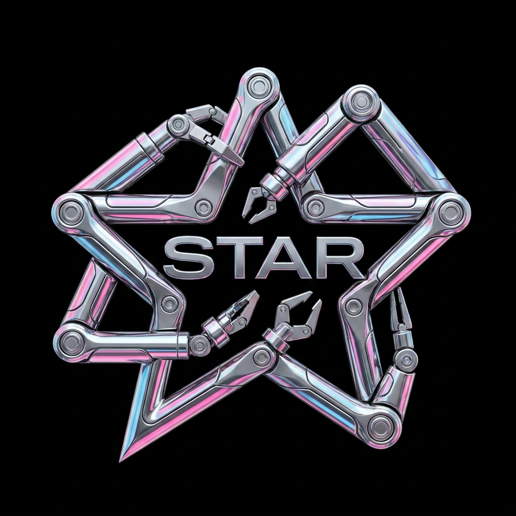 AI Design for A sophisticated, professional logo design for Star featuring the structural elements of {{asset:first_image_design}} integrated with stylized mechanical robotic manipulators. The color palette and typography are derived from {{asset:second_font_and_colour}}, utilizing a sleek, modern font where the company name is subtly embossed or integrated into the symbolic geometry rather than overtly displayed. The overall aesthetic is minimalist, industrial-chic, and premium, with sharp metallic textures and clean, precise lines. MAKE THE STAR LESS OBVIOUS