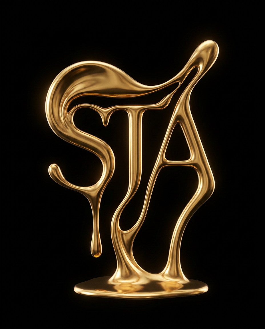 AI Design for A high-end studio photography composition of an abstract sculptural form with a fluid, melting gold metallic finish that glows with a liquid luster. The sculpture's sweeping, organic curves artfully integrate the negative space of the letters S, T, and A, set against a deep, pitch-black background. Soft, cinematic rim lighting highlights the high-gloss texture and sophisticated silhouette, creating a luxurious and minimalist aesthetic with sharp, crisp edges.