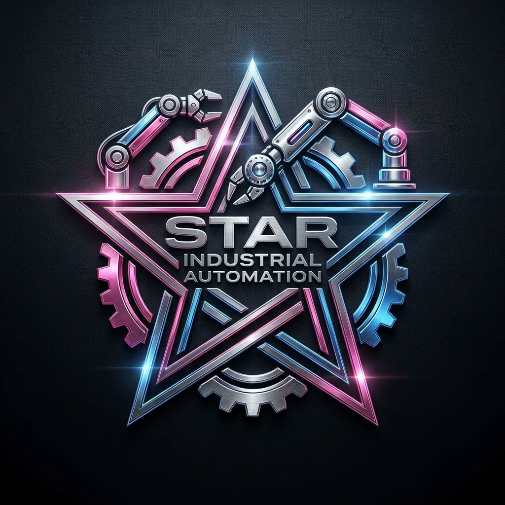 AI Design for A sophisticated, professional logo design for Star Industrial Automation featuring the structural elements of {{asset:first_image_design}} integrated with stylized mechanical robotic manipulators. The color palette and typography are derived from {{asset:second_font_and_colour}}, utilizing a sleek, modern font where the company name is subtly embossed or integrated into the symbolic geometry rather than overtly displayed. The overall aesthetic is minimalist, industrial-chic, and premium, with sharp metallic textures and clean, precise lines. MAKE THE STAR LESS OBVIOUS