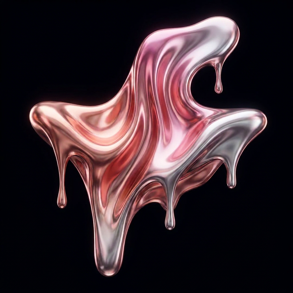 AI Design for A minimalist and chic composition featuring an abstract sculptural form with a luxurious melting metallic finish. The scene is set against a deep, pitch-black background that emphasizes the fluid, high-gloss textures and soft, dramatic rim lighting that highlights the elegant curves of the metal.