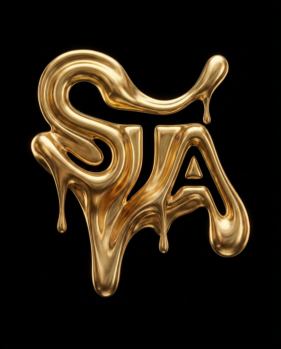 AI Design for A minimalist, high-end studio composition featuring an abstract sculptural form with a fluid, melting gold metallic finish. The sculpture subtly incorporates the negative space of the letters S, T, and A into its elegant, sweeping curves. Set against a pitch-black background, the scene uses soft rim lighting to accentuate the high-gloss textures and sophisticated silhouette.