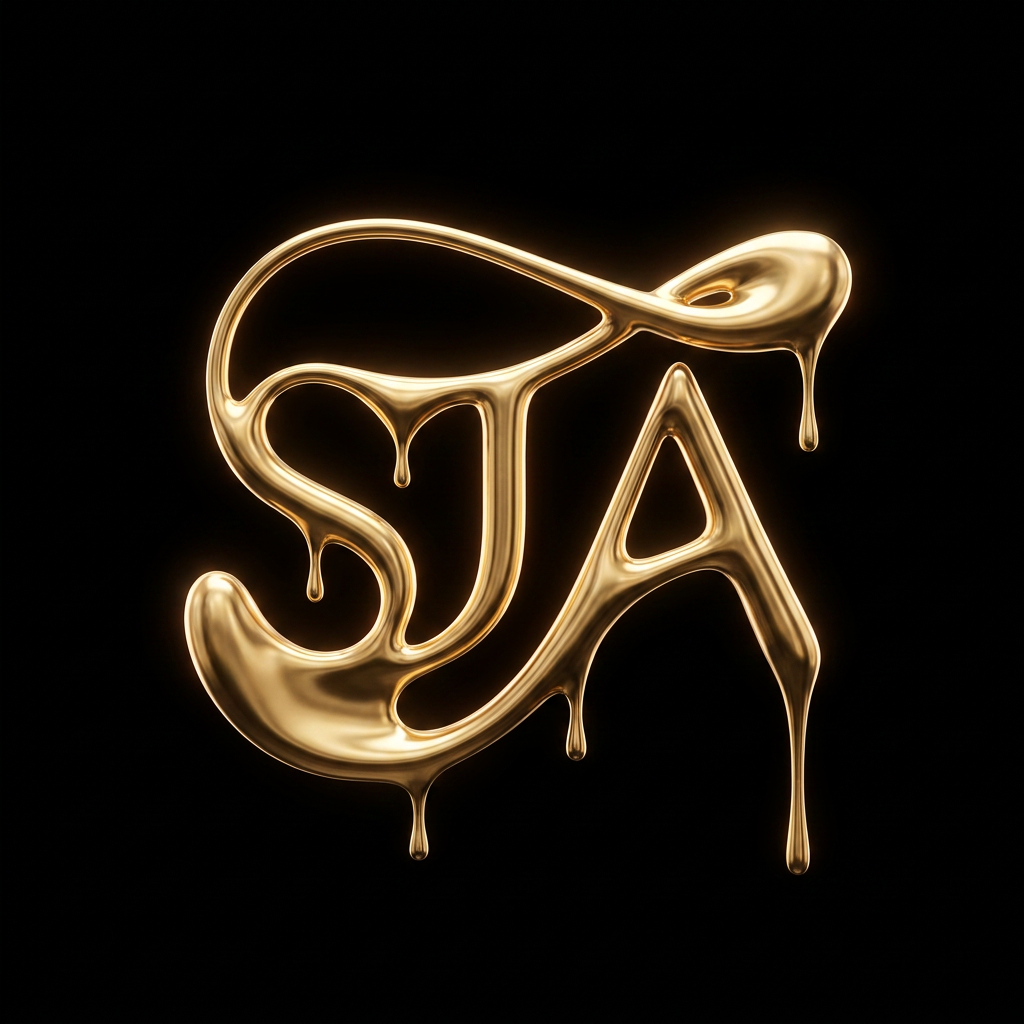 AI Design for A minimalist, high-end studio composition featuring an abstract sculptural form with a fluid, melting gold metallic finish. The sculpture subtly incorporates the negative space of the letters S, T, and A into its elegant, sweeping curves. Set against a pitch-black background, the scene uses soft rim lighting to accentuate the high-gloss textures and sophisticated silhouette.