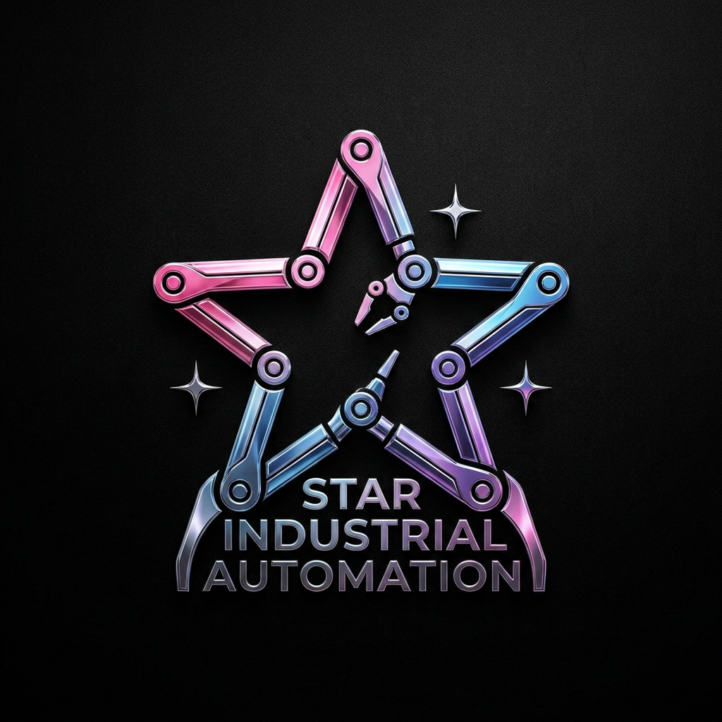 AI Design for A sophisticated, professional logo design for Star Industrial Automation featuring the structural elements of {{asset:first_image_design}} integrated with stylized mechanical robotic manipulators. The color palette and typography are derived from {{asset:second_font_and_colour}}, utilizing a sleek, modern font where the company name is subtly embossed or integrated into the symbolic geometry rather than overtly displayed. The overall aesthetic is minimalist, industrial-chic, and premium, with sharp metallic textures and clean, precise lines. MAKE THE STAR LESS OBVIOUS
