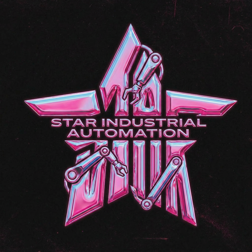 AI Design for A sophisticated, professional logo design for Star Industrial Automation featuring the structural elements of {{asset:first_image_design}} integrated with stylized mechanical robotic manipulators. The color palette and typography are derived from {{asset:second_font_and_colour}}, utilizing a sleek, modern font where the company name is subtly embossed or integrated into the symbolic geometry rather than overtly displayed. The overall aesthetic is minimalist, industrial-chic, and premium, with sharp metallic textures and clean, precise lines.