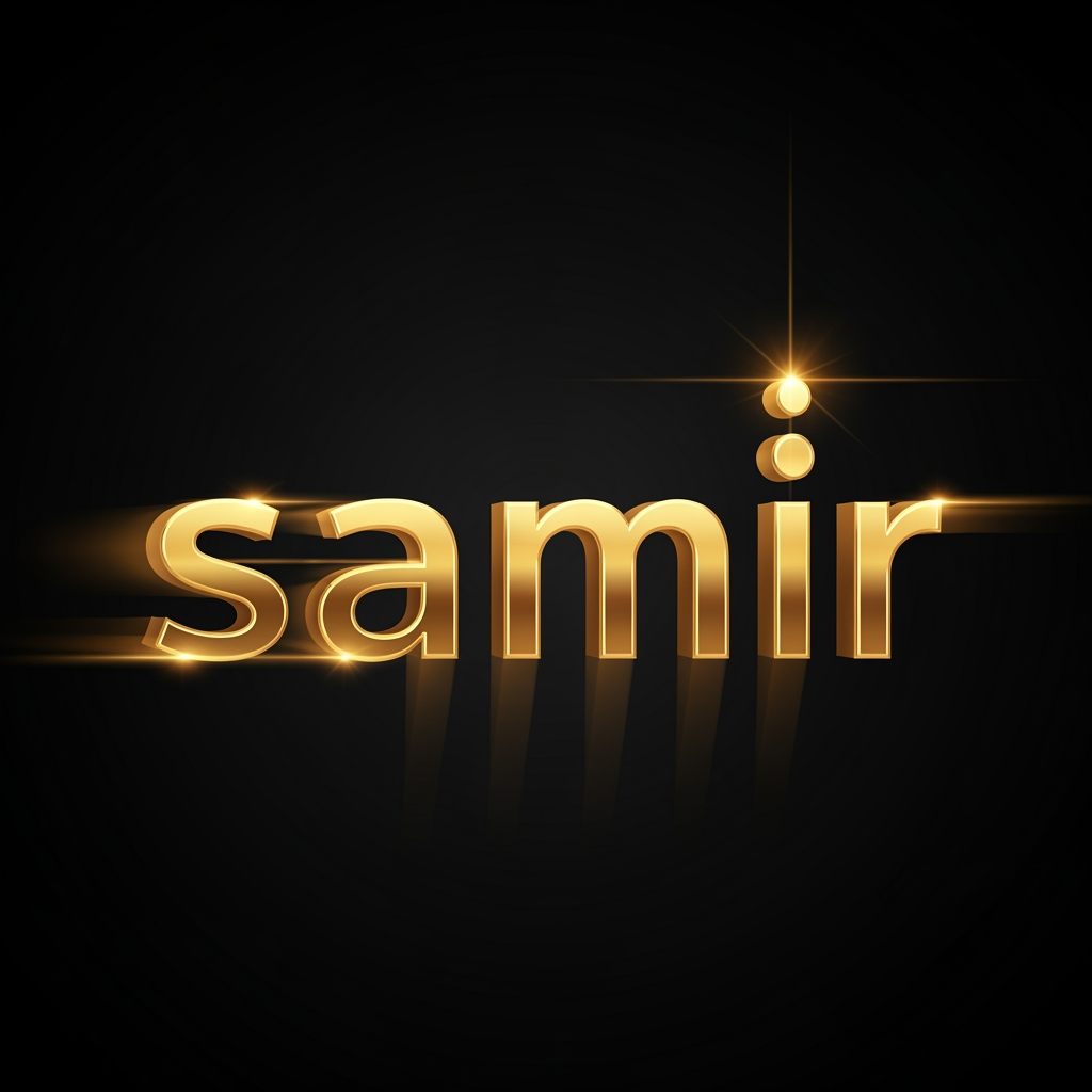 AI Design for creat a motion graphics in which Black background. Cinematic 3D gold metallic text animation. The word "samir" forms letter by letter from left to right. First screen is empty black. Letter S slides in from the left, followed by a, m, i, and r sequentially. Smooth motion blur, glow and light streaks. After all letters settle, the dot above the letter i drops from above and lands perfectly with a bright light flare. Luxurious golden reflections, dark background, professional motion graphics, 7 second duration, ultra smooth animation, 4K quality.