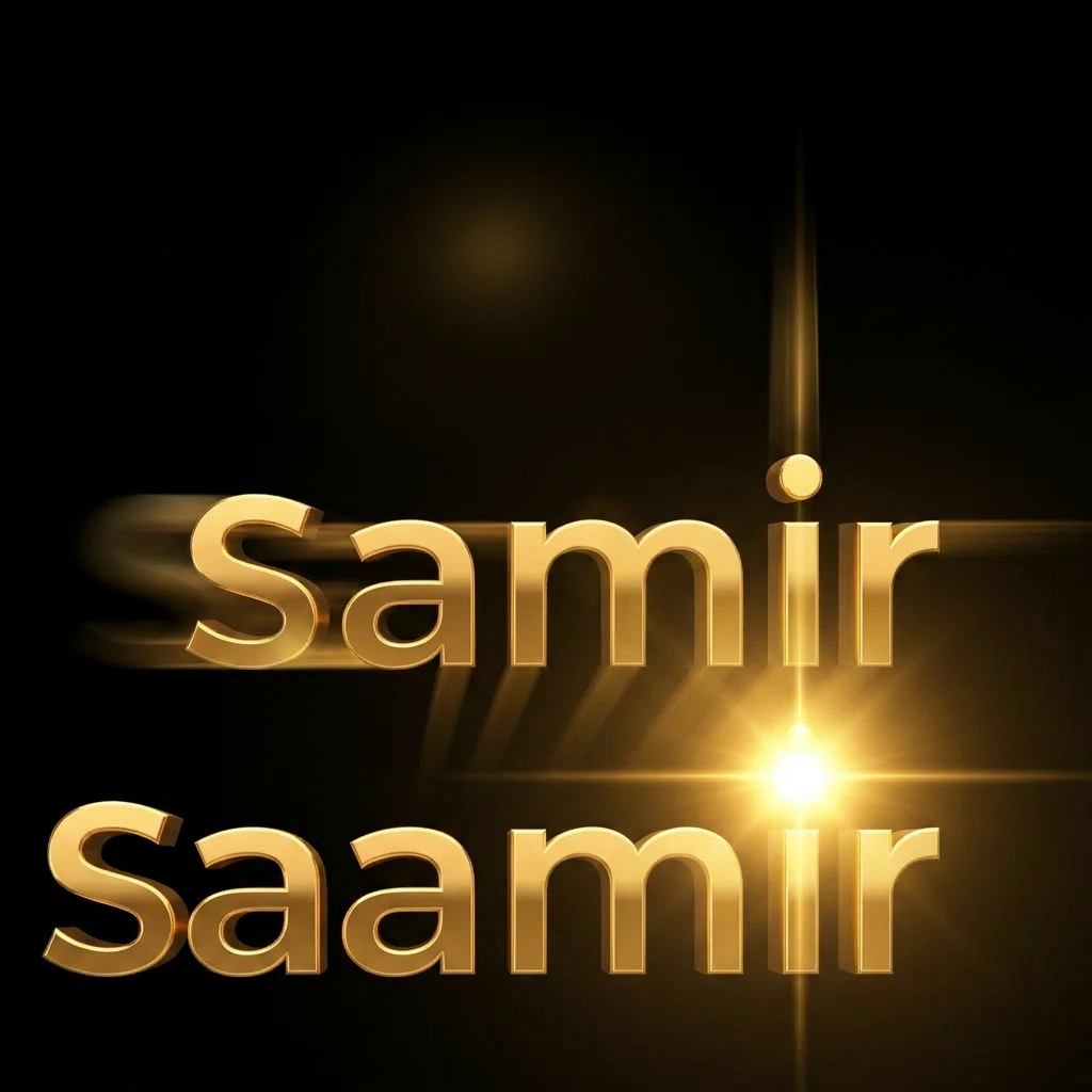 AI Design for creat a motion graphics in which Black background. Cinematic 3D gold metallic text animation. The word "samir" forms letter by letter from left to right. First screen is empty black. Letter S slides in from the left, followed by a, m, i, and r sequentially. Smooth motion blur, glow and light streaks. After all letters settle, the dot above the letter i drops from above and lands perfectly with a bright light flare. Luxurious golden reflections, dark background, professional motion graphics, 7 second duration, ultra smooth animation, 4K quality.