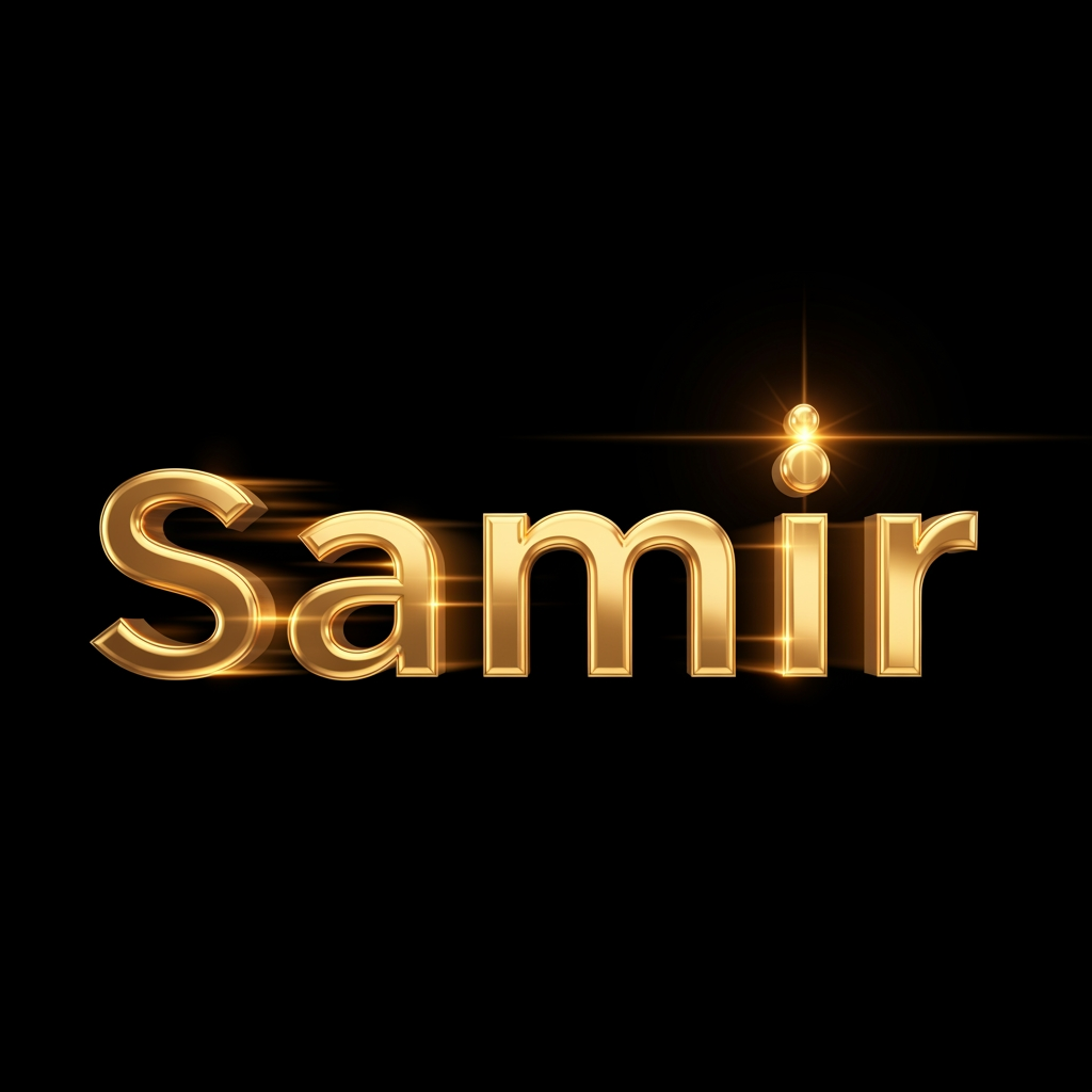 AI Design for creat a motion graphics in which Black background. Cinematic 3D gold metallic text animation. The word "samir" forms letter by letter from left to right. First screen is empty black. Letter S slides in from the left, followed by a, m, i, and r sequentially. Smooth motion blur, glow and light streaks. After all letters settle, the dot above the letter i drops from above and lands perfectly with a bright light flare. Luxurious golden reflections, dark background, professional motion graphics, 7 second duration, ultra smooth animation, 4K quality.
