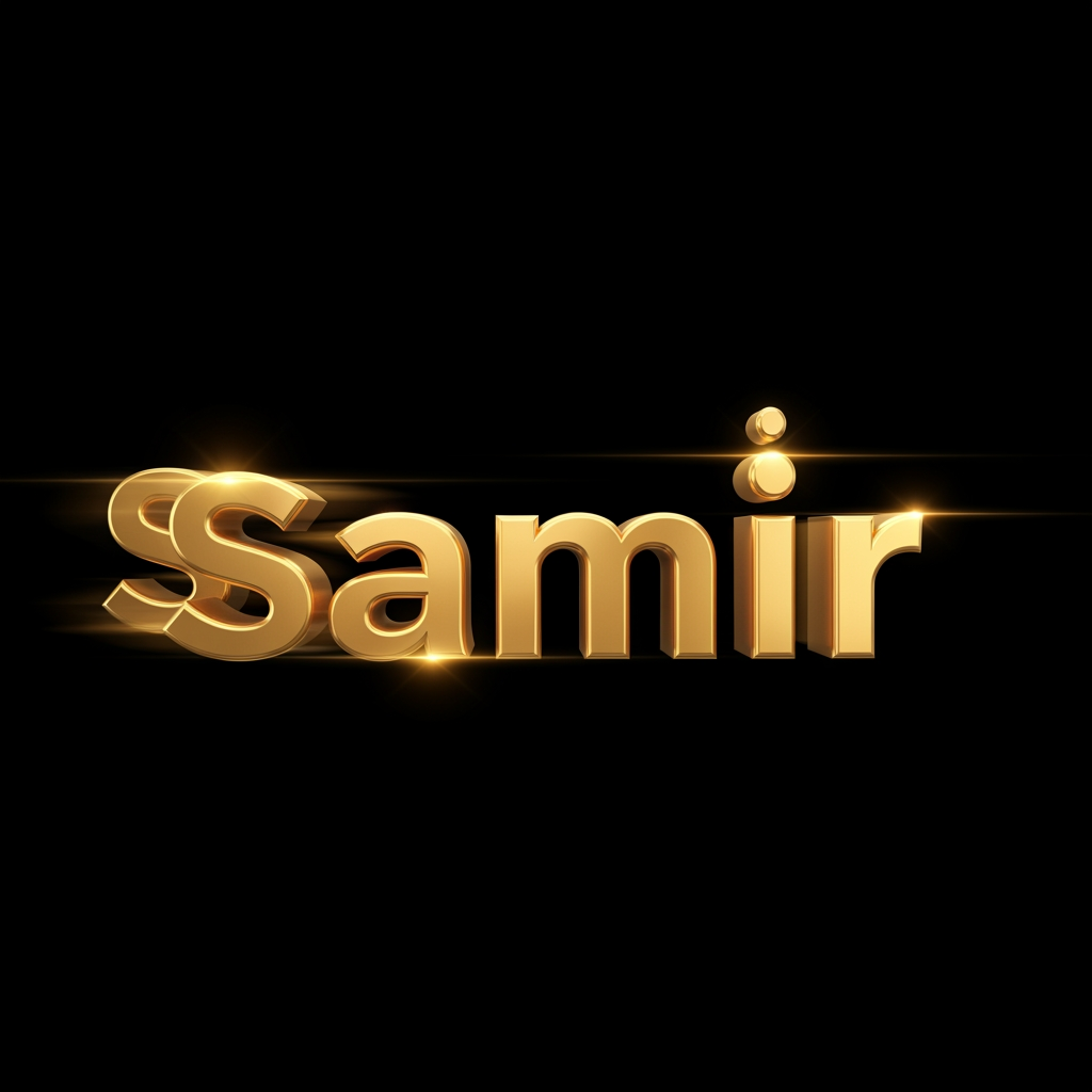 AI Design for creat a motion graphics in which Black background. Cinematic 3D gold metallic text animation. The word "samir" forms letter by letter from left to right. First screen is empty black. Letter S slides in from the left, followed by a, m, i, and r sequentially. Smooth motion blur, glow and light streaks. After all letters settle, the dot above the letter i drops from above and lands perfectly with a bright light flare. Luxurious golden reflections, dark background, professional motion graphics, 7 second duration, ultra smooth animation, 4K quality.