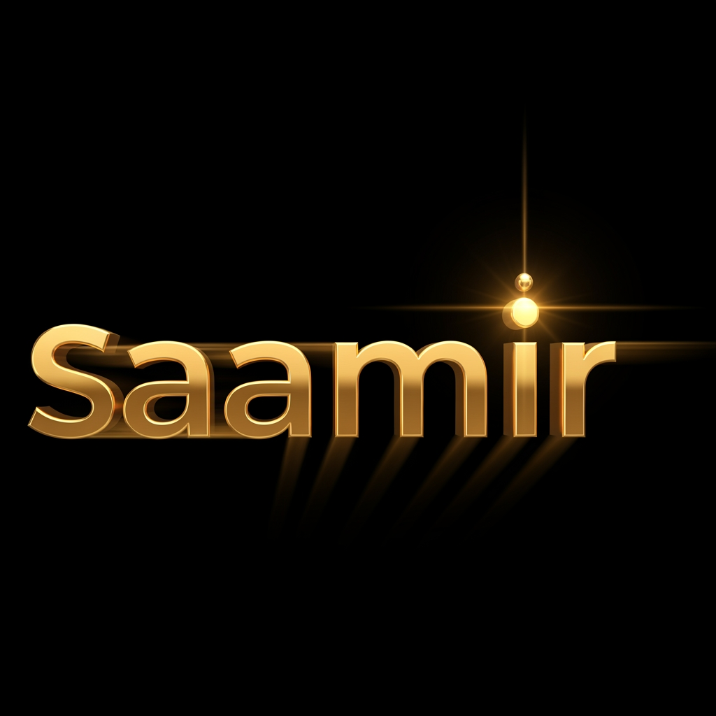 AI Design for creat a motion graphics in which Black background. Cinematic 3D gold metallic text animation. The word "samir" forms letter by letter from left to right. First screen is empty black. Letter S slides in from the left, followed by a, m, i, and r sequentially. Smooth motion blur, glow and light streaks. After all letters settle, the dot above the letter i drops from above and lands perfectly with a bright light flare. Luxurious golden reflections, dark background, professional motion graphics, 7 second duration, ultra smooth animation, 4K quality.