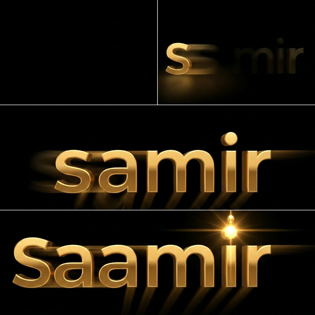 AI Design for creat a motion graphics in which Black background. Cinematic 3D gold metallic text animation. The word "samir" forms letter by letter from left to right. First screen is empty black. Letter S slides in from the left, followed by a, m, i, and r sequentially. Smooth motion blur, glow and light streaks. After all letters settle, the dot above the letter i drops from above and lands perfectly with a bright light flare. Luxurious golden reflections, dark background, professional motion graphics, 7 second duration, ultra smooth animation, 4K quality.