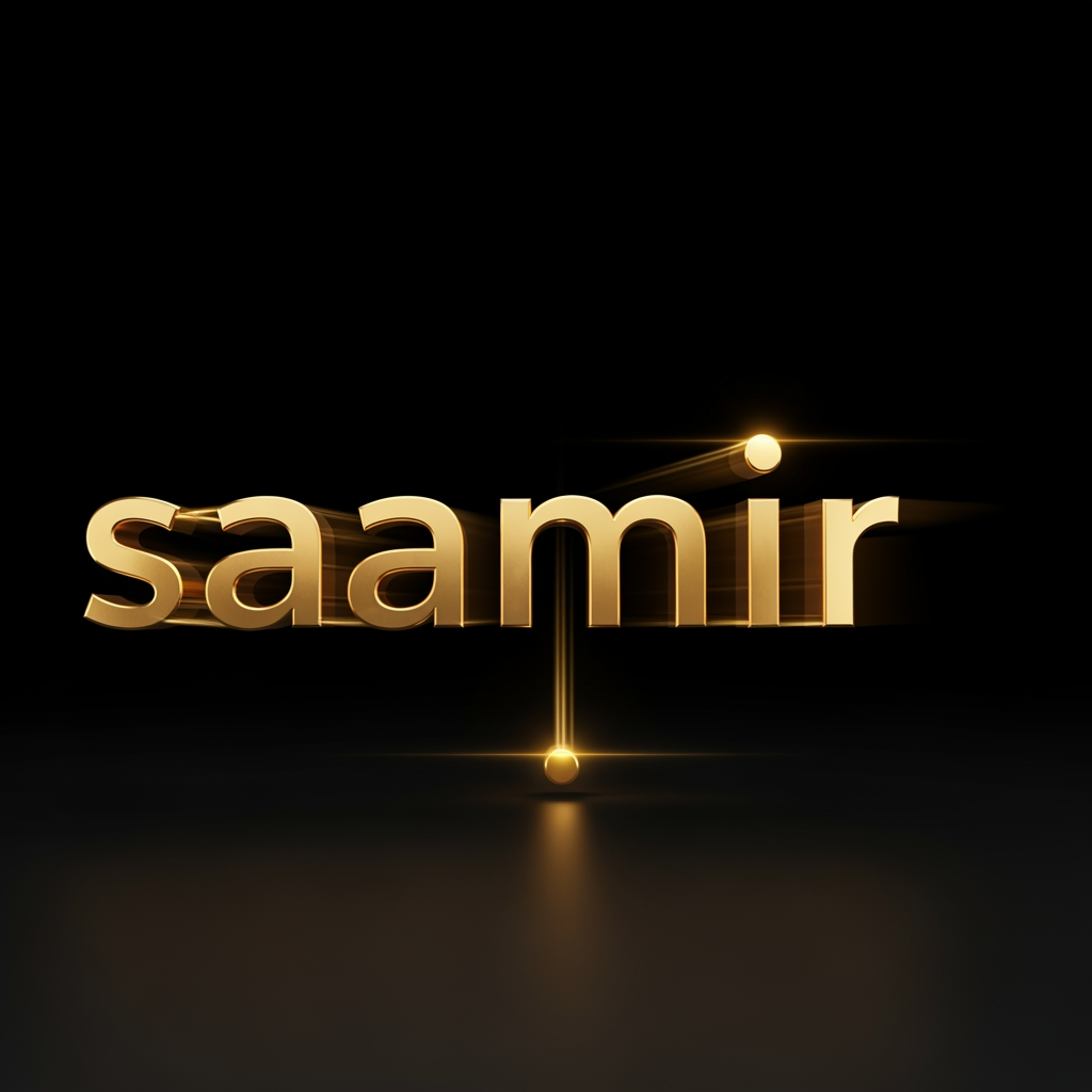 AI Design for creat a motion graphics in which Black background. Cinematic 3D gold metallic text animation. The word "samir" forms letter by letter from left to right. First screen is empty black. Letter S slides in from the left, followed by a, m, i, and r sequentially. Smooth motion blur, glow and light streaks. After all letters settle, the dot above the letter i drops from above and lands perfectly with a bright light flare. Luxurious golden reflections, dark background, professional motion graphics, 7 second duration, ultra smooth animation, 4K quality.
