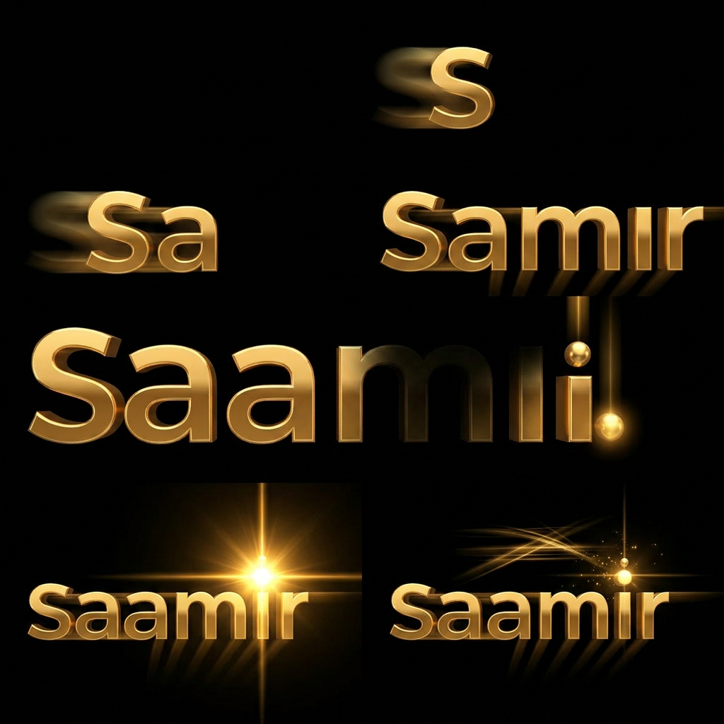 AI Design for creat a motion graphics in which Black background. Cinematic 3D gold metallic text animation. The word "samir" forms letter by letter from left to right. First screen is empty black. Letter S slides in from the left, followed by a, m, i, and r sequentially. Smooth motion blur, glow and light streaks. After all letters settle, the dot above the letter i drops from above and lands perfectly with a bright light flare. Luxurious golden reflections, dark background, professional motion graphics, 7 second duration, ultra smooth animation, 4K quality.
