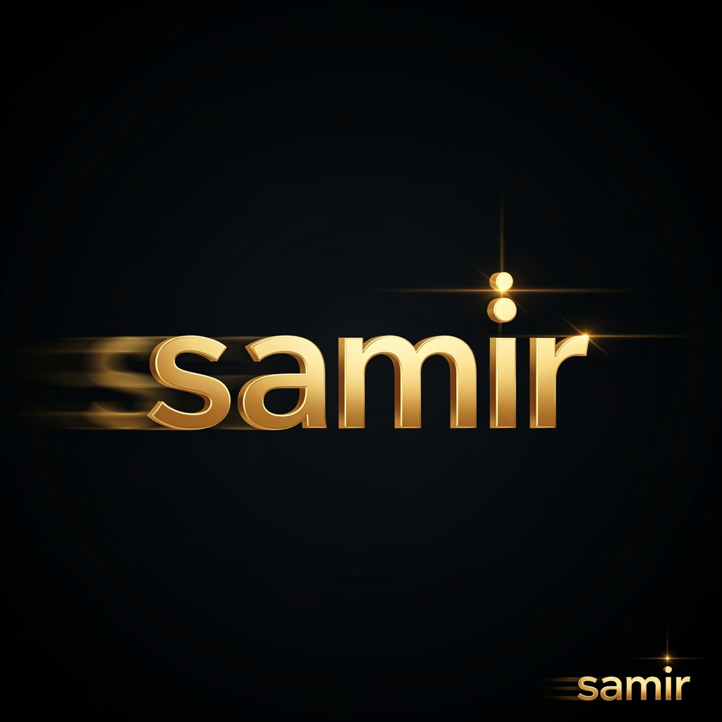 AI Design for creat a motion graphics in which Black background. Cinematic 3D gold metallic text animation. The word "samir" forms letter by letter from left to right. First screen is empty black. Letter S slides in from the left, followed by a, m, i, and r sequentially. Smooth motion blur, glow and light streaks. After all letters settle, the dot above the letter i drops from above and lands perfectly with a bright light flare. Luxurious golden reflections, dark background, professional motion graphics, 7 second duration, ultra smooth animation, 4K quality.