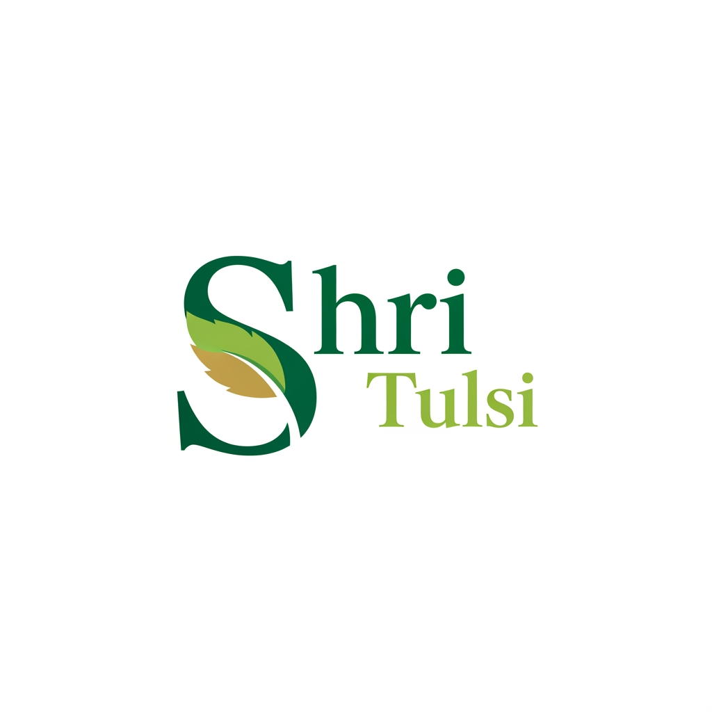 AI Design for Modern corporate logo design, brand name "Shri Tulsi" in lowercase elegant font, negative space leaf incorporated into the letter 'S' or 'T', clean layout, shades of green and gold, simple, flat vector, suitable for a wellness brand, no complex details, high quality