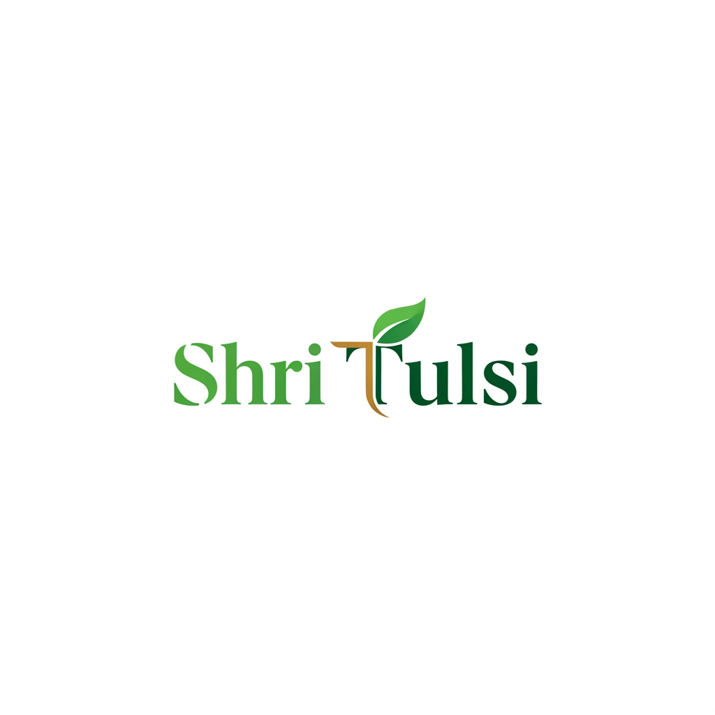 AI Design for Modern corporate logo design, brand name "Shri Tulsi" in lowercase elegant font, negative space leaf incorporated into the letter 'S' or 'T', clean layout, shades of green and gold, simple, flat vector, suitable for a wellness brand, no complex details, high quality