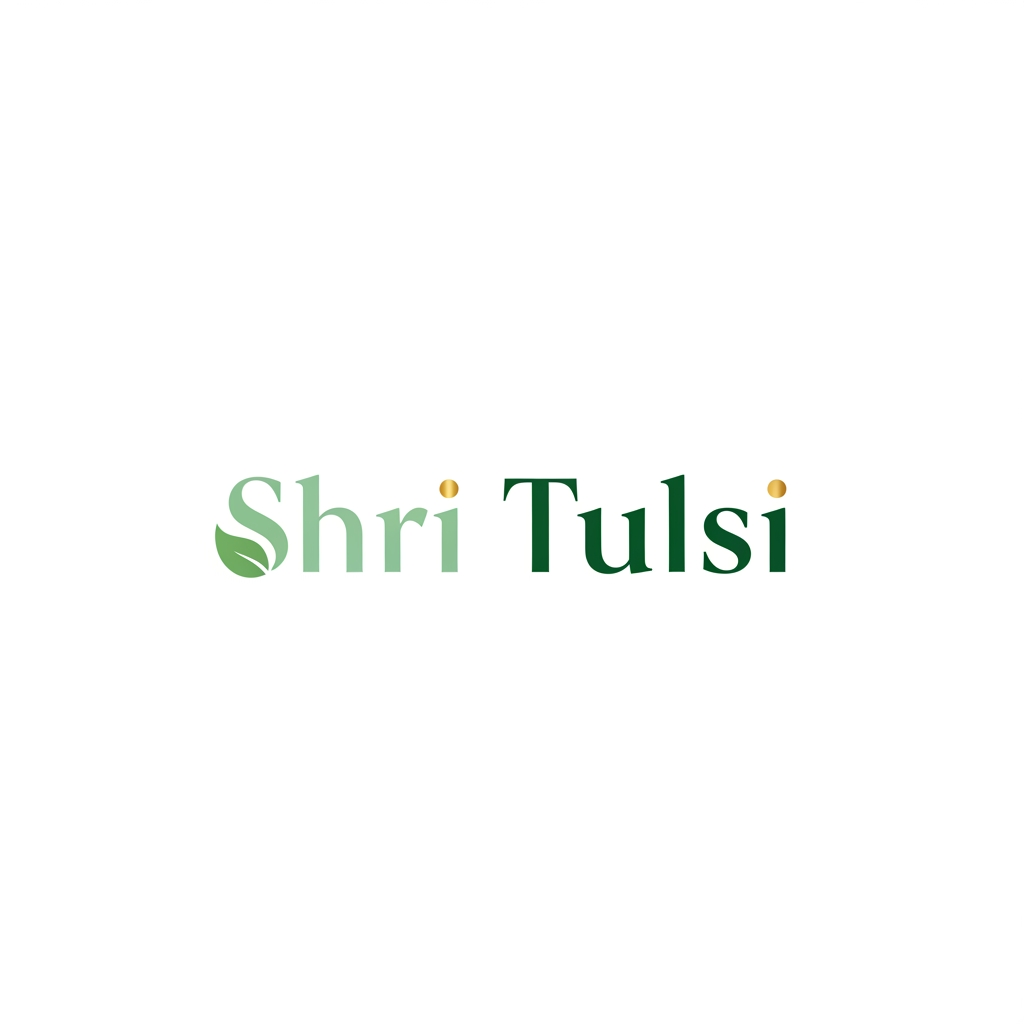 AI Design for Modern corporate logo design, brand name "Shri Tulsi" in lowercase elegant font, negative space leaf incorporated into the letter 'S' or 'T', clean layout, shades of green and gold, simple, flat vector, suitable for a wellness brand, no complex details, high quality