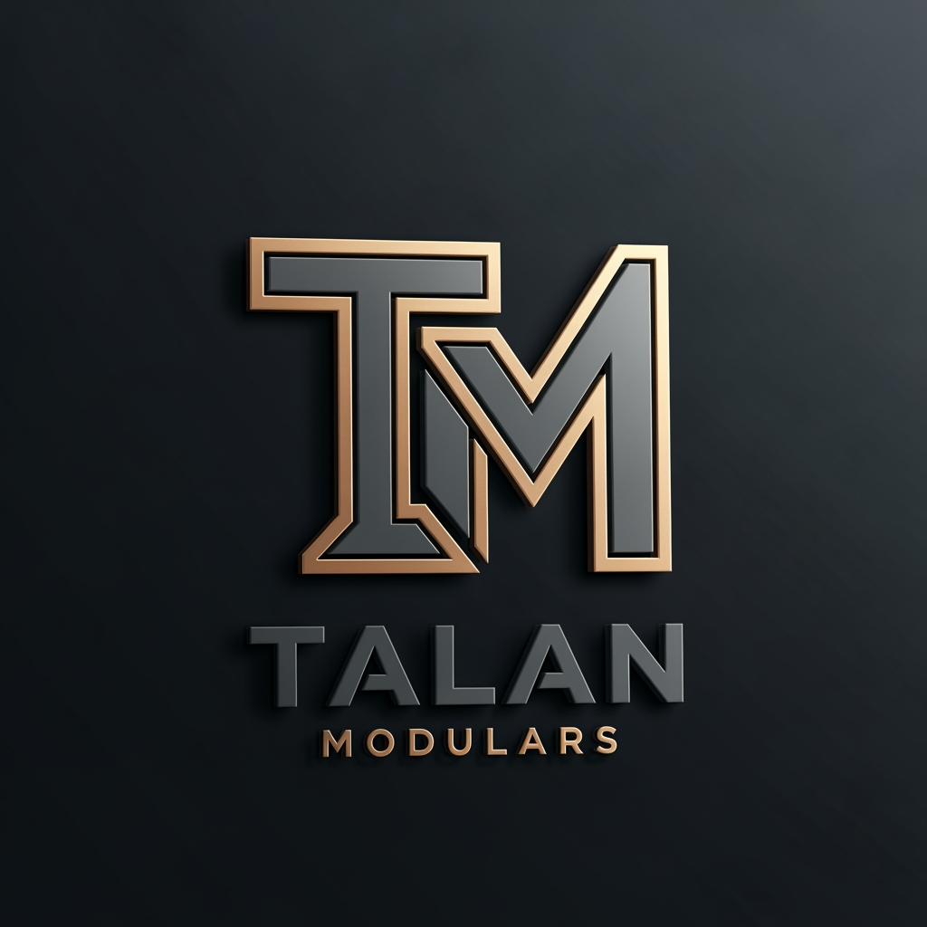 AI Design for Create a modern, premium 3D logo for the brand name "Talan Modulars", a furniture and modular interior manufacturing company with its own production factory.
The logo should strongly emphasize the letter "TM" as the core identity, forming a clean and recognizable structure. Subtly integrate elements inspired by modular furniture, such as wardrobes, cabinets, panels, or interior fittings, but keep them minimal, abstract, and geometric — not realistic.
Use a luxury color palette of Charcoal Grey (matte/dark base) and Champagne Gold (metallic accents) to convey sophistication, trust, and premium craftsmanship.
Style should be sleek, modern, and corporate, with a balance between industrial strength (factory production) and high-end interior elegance.
Typography should be bold, clean sans-serif, with perfect spacing and alignment. The icon and text must feel integrated as one system, not separate elements.
Lighting: soft studio lighting with subtle reflections for a premium 3D feel.
Background: dark charcoal or gradient black for contrast.
Avoid clutter, avoid realistic product images — focus on minimal, scalable, brand-ready design.
Deliver in ultra high resolution, 4K, sharp details, suitable for branding, signage, and print.