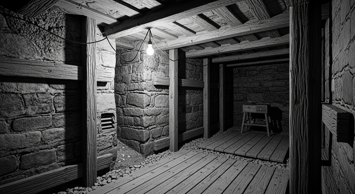 AI Design for black and white The room below the Vawter's well had been built over decades into something that people could survive in. That was the horror and the miracle of it simultaneously. That someone had taken a natural crack in the limestone 30 ft underground and made it livable. Had installed the timber shoring, the plank floor, the ventilation that came from a second much narrower fissure that opened somewhere on the hillside to the north concealed behind a growth of mountain laurel.