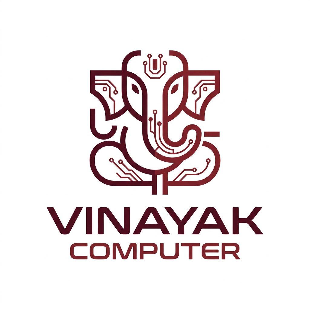 AI Design for please redefine the logo as per this  : Keep the brand color as deep maroon/burgundy (#7A1F1F to #8B2C2C).
Use a clean, futuristic, technology-inspired font.
Create a simple and memorable icon inspired by Lord Ganesha using only minimal geometric lines and shapes.
Avoid detailed illustrations, gradients, shadows, gaming elements, computer monitors, CPUs, and mascots.
The logo should work on shop boards, visiting cards, invoices, websites, social media, and packaging.
Incorporate subtle circuit-board or digital line elements into the icon.
Use a balanced combination of symbol + wordmark.
Typography should feel modern, professional, trustworthy, and tech-focused.
White background.
Vector logo style.
Flat design.
High readability from a distance.
Suitable for a computer sales, service, networking, CCTV, and IT solutions business.

Style references:

Minimal tech branding
Modern Indian identity
Geometric logo design
Clean corporate technology logo
Premium and timeless