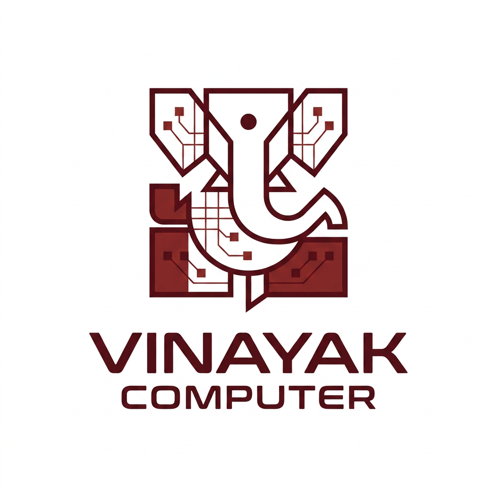 AI Design for please redefine the logo as per this  : Keep the brand color as deep maroon/burgundy (#7A1F1F to #8B2C2C).
Use a clean, futuristic, technology-inspired font.
Create a simple and memorable icon inspired by Lord Ganesha using only minimal geometric lines and shapes.
Avoid detailed illustrations, gradients, shadows, gaming elements, computer monitors, CPUs, and mascots.
The logo should work on shop boards, visiting cards, invoices, websites, social media, and packaging.
Incorporate subtle circuit-board or digital line elements into the icon.
Use a balanced combination of symbol + wordmark.
Typography should feel modern, professional, trustworthy, and tech-focused.
White background.
Vector logo style.
Flat design.
High readability from a distance.
Suitable for a computer sales, service, networking, CCTV, and IT solutions business.

Style references:

Minimal tech branding
Modern Indian identity
Geometric logo design
Clean corporate technology logo
Premium and timeless