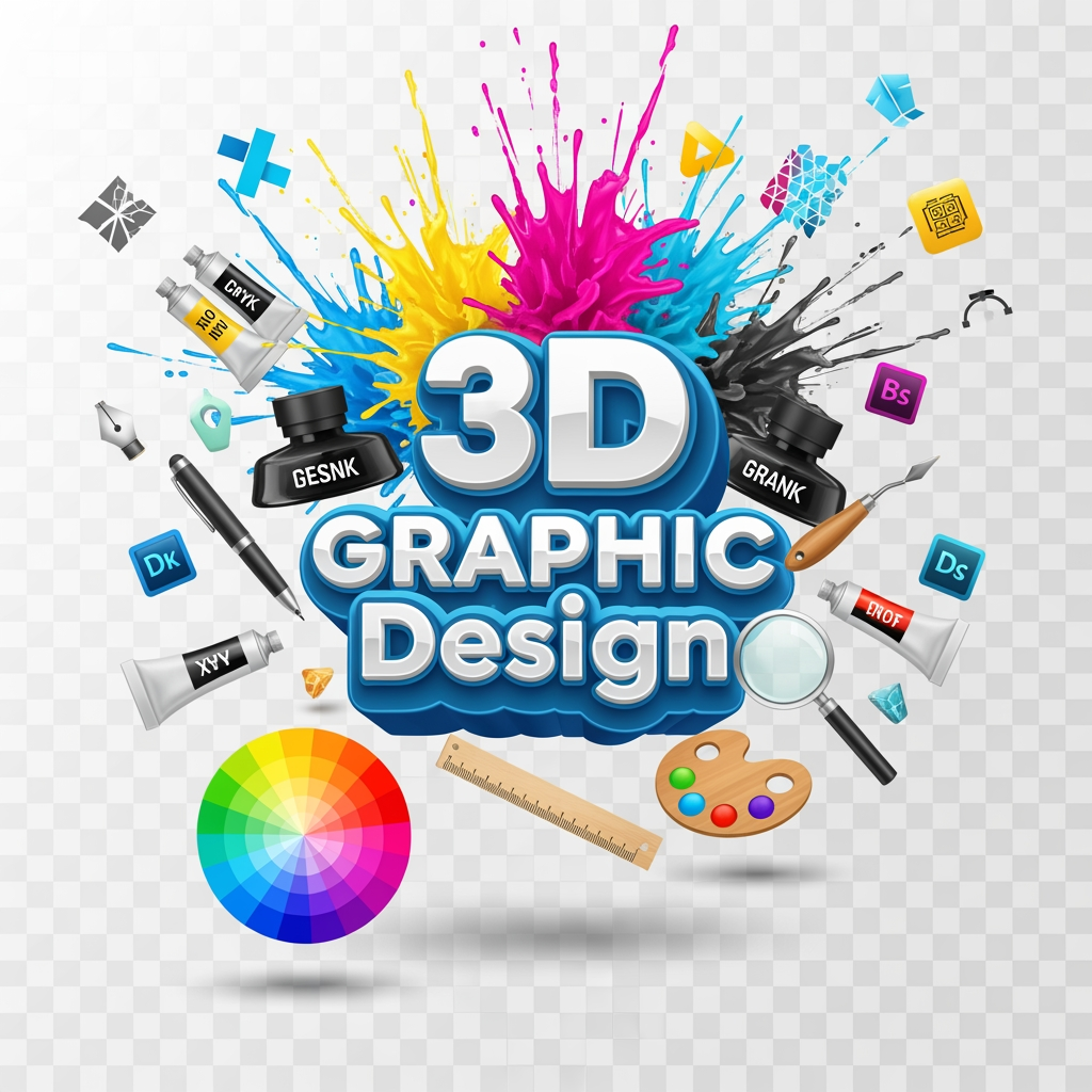 AI Design for Professional graphic design studio concept, 3D Graphic Design text, colorful CMYK paint splashes, logo design branding elements, ink tubes, color wheel, creative workspace, glossy 3D typography, vector illustration style, modern advertising agency theme, vibrant cyan magenta yellow black colors, floating design tools, premium graphic designer artwork, transparent background, ultra detailed, realistic shadows, high quality, print ready PNG, 8K resolution.