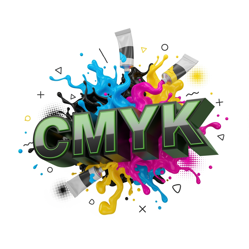 AI Design for 3D Graphic Design typography, green and black extruded text, colorful paint splash, CMYK color palette, logo design concept, paint tubes spilling cyan magenta yellow colors, creative branding elements, transparent background, advertising and graphic design industry theme, realistic 3D render, ultra sharp details, professional PNG isolated object, 8K quality.