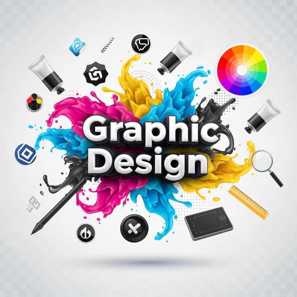 AI Design for Professional graphic design studio concept, 3D Graphic Design text, colorful CMYK paint splashes, logo design branding elements, ink tubes, color wheel, creative workspace, glossy 3D typography, vector illustration style, modern advertising agency theme, vibrant cyan magenta yellow black colors, floating design tools, premium graphic designer artwork, transparent background, ultra detailed, realistic shadows, high quality, print ready PNG, 8K resolution.
