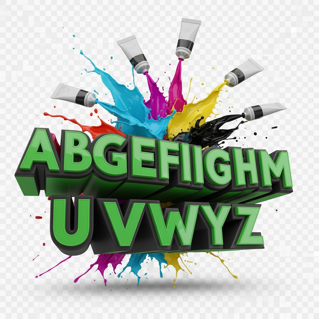 AI Design for 3D Graphic Design typography, green and black extruded text, colorful paint splash, CMYK color palette, logo design concept, paint tubes spilling cyan magenta yellow colors, creative branding elements, transparent background, advertising and graphic design industry theme, realistic 3D render, ultra sharp details, professional PNG isolated object, 8K quality.