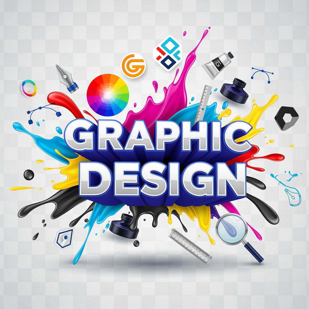 AI Design for Professional graphic design studio concept, 3D Graphic Design text, colorful CMYK paint splashes, logo design branding elements, ink tubes, color wheel, creative workspace, glossy 3D typography, vector illustration style, modern advertising agency theme, vibrant cyan magenta yellow black colors, floating design tools, premium graphic designer artwork, transparent background, ultra detailed, realistic shadows, high quality, print ready PNG, 8K resolution.