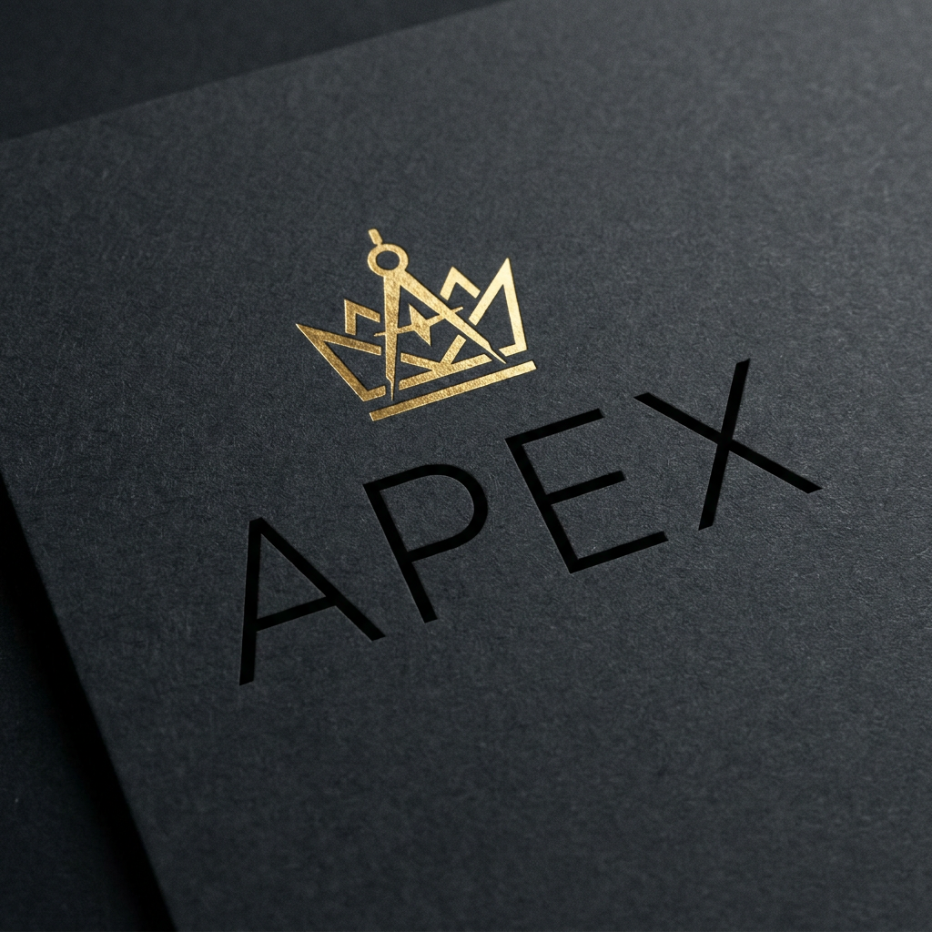 AI Design for A sophisticated, high-end minimalist logo design for a luxury fashion brand featuring clean, sharp sans-serif typography. The composition includes a subtle, geometric icon symbolizing prestige, rendered in a striking contrast of matte black and metallic gold foil textures. The logo is centered against a deep charcoal background with a refined, tactile paper grain finish, captured with professional studio lighting to highlight the metallic sheen.