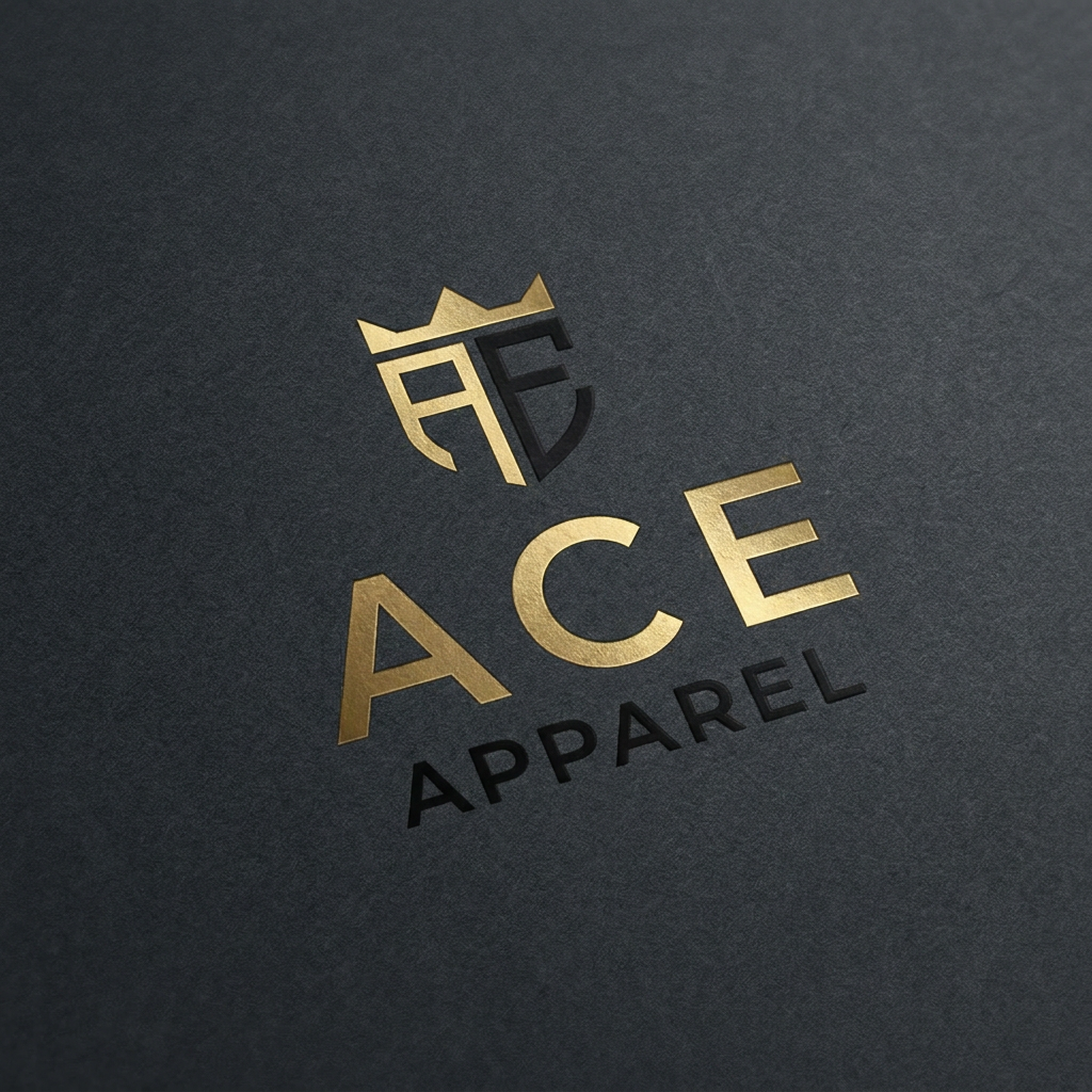 AI Design for A sophisticated, high-end minimalist logo for a luxury fashion brand named Ace Apparel. The design features clean, sharp typography paired with a subtle, geometric icon that conveys elegance and prestige, rendered in a professional matte black and metallic gold color palette against a textured charcoal background.