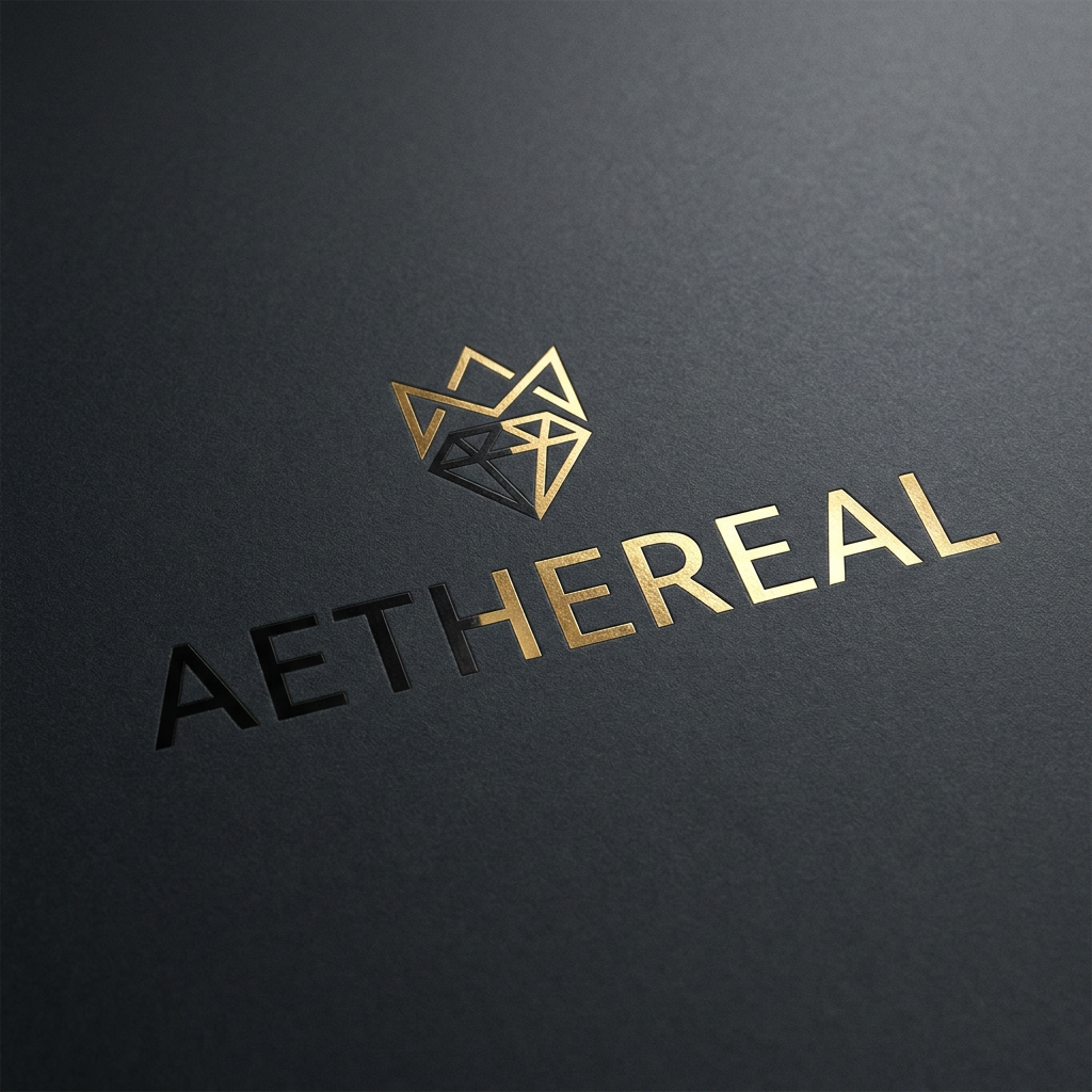 AI Design for A sophisticated, high-end minimalist logo design for a luxury fashion brand featuring clean, sharp sans-serif typography. The composition includes a subtle, geometric icon symbolizing prestige, rendered in a striking contrast of matte black and metallic gold foil textures. The logo is centered against a deep charcoal background with a refined, tactile paper grain finish, captured with professional studio lighting to highlight the metallic sheen.