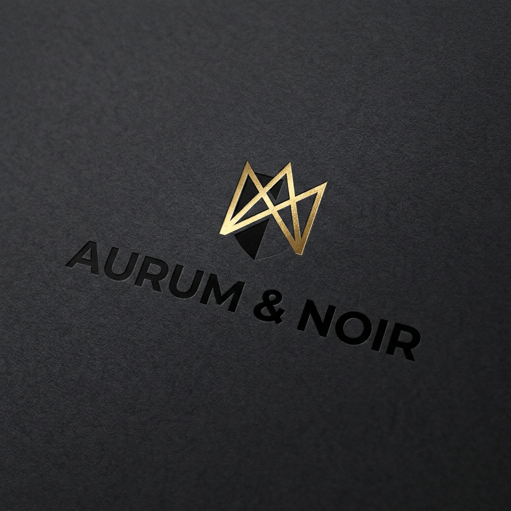 AI Design for A sophisticated, high-end minimalist logo design for a luxury fashion brand featuring clean, sharp sans-serif typography. The composition includes a subtle, geometric icon symbolizing prestige, rendered in a striking contrast of matte black and metallic gold foil textures. The logo is centered against a deep charcoal background with a refined, tactile paper grain finish, captured with professional studio lighting to highlight the metallic sheen.