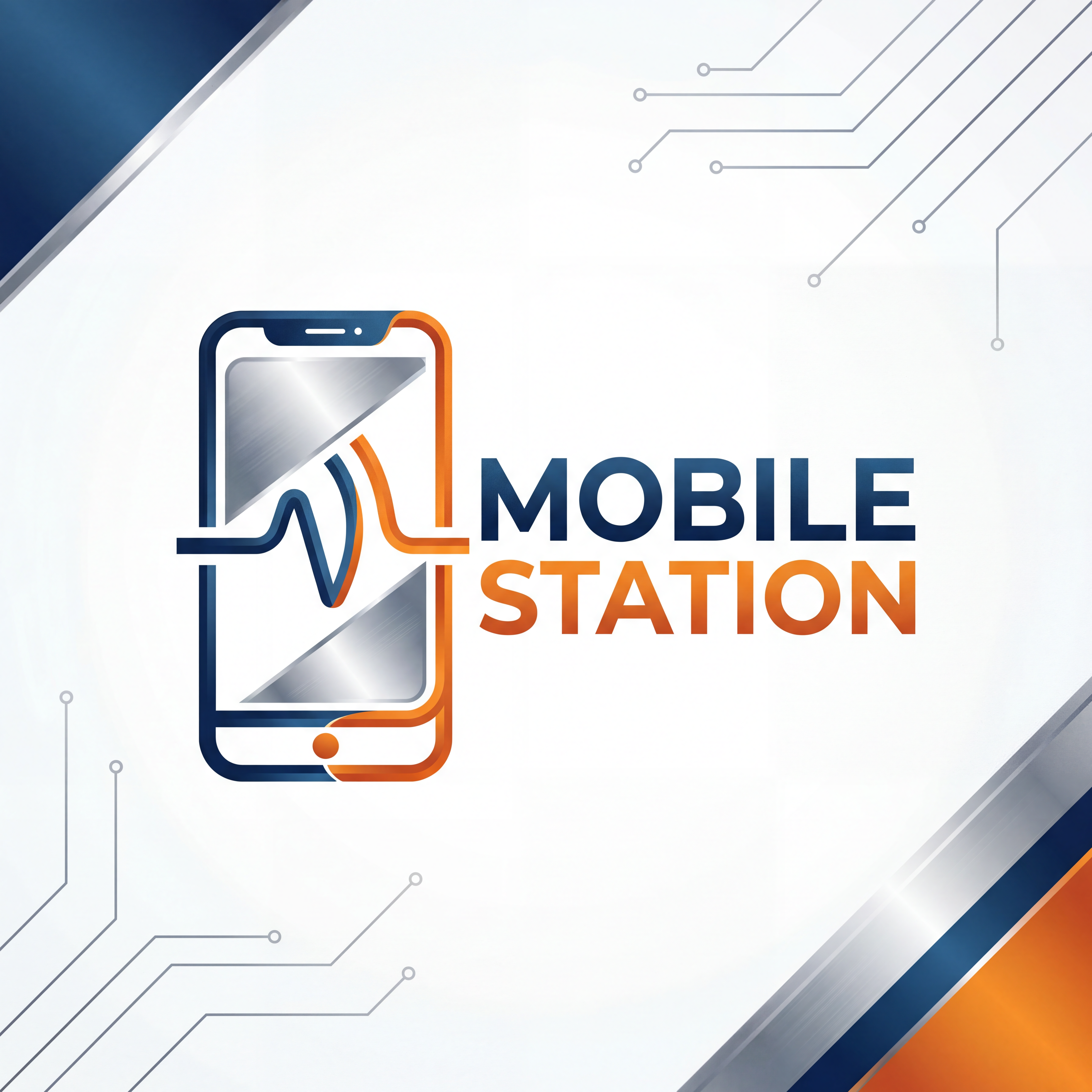 AI Design for A sleek, professional logo design for 'Mobile Station' featuring a stylized smartphone icon integrated with elegant, modern typography. The design incorporates a vibrant color palette of deep blue and energetic orange, set against a clean white background with subtle metallic gradients and sharp, minimalist lines to convey technology and connectivity.