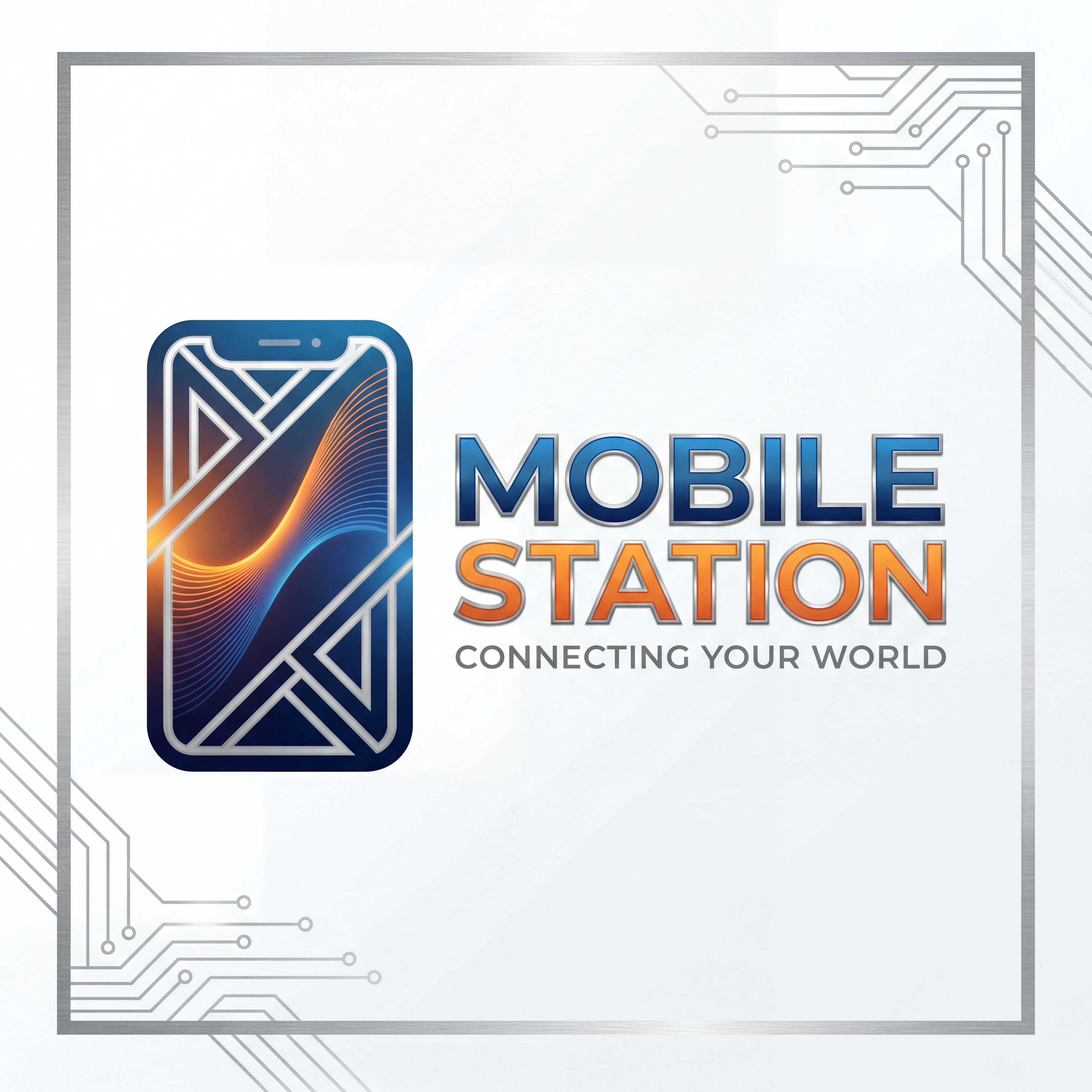 AI Design for A sleek, professional logo design for 'Mobile Station' featuring a stylized smartphone icon integrated with elegant, modern typography. The design incorporates a vibrant color palette of deep blue and energetic orange, set against a clean white background with subtle metallic gradients and sharp, minimalist lines to convey technology and connectivity.