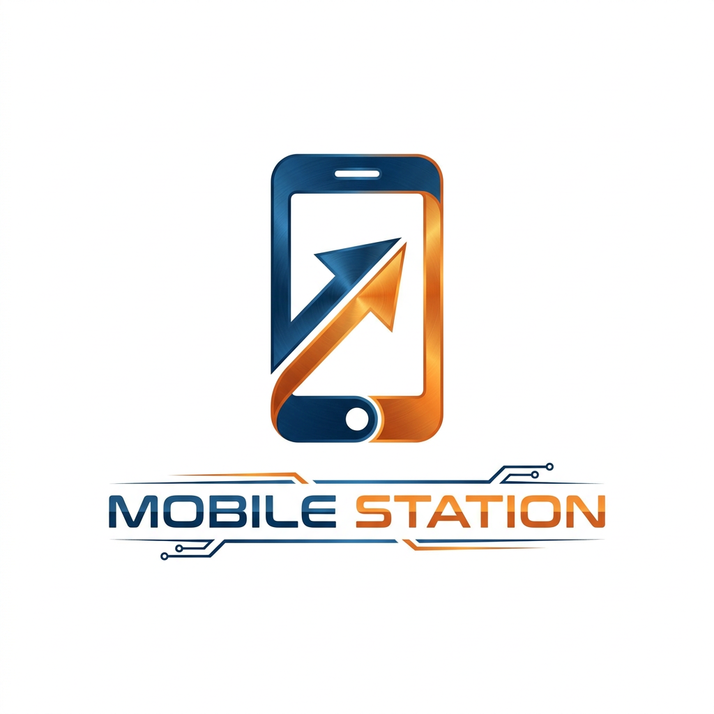 AI Design for A sleek, professional logo design for 'Mobile Station' featuring a stylized smartphone icon integrated with elegant, modern typography. The design incorporates a vibrant color palette of deep blue and energetic orange, set against a clean white background with subtle metallic gradients and sharp, minimalist lines to convey technology and connectivity.